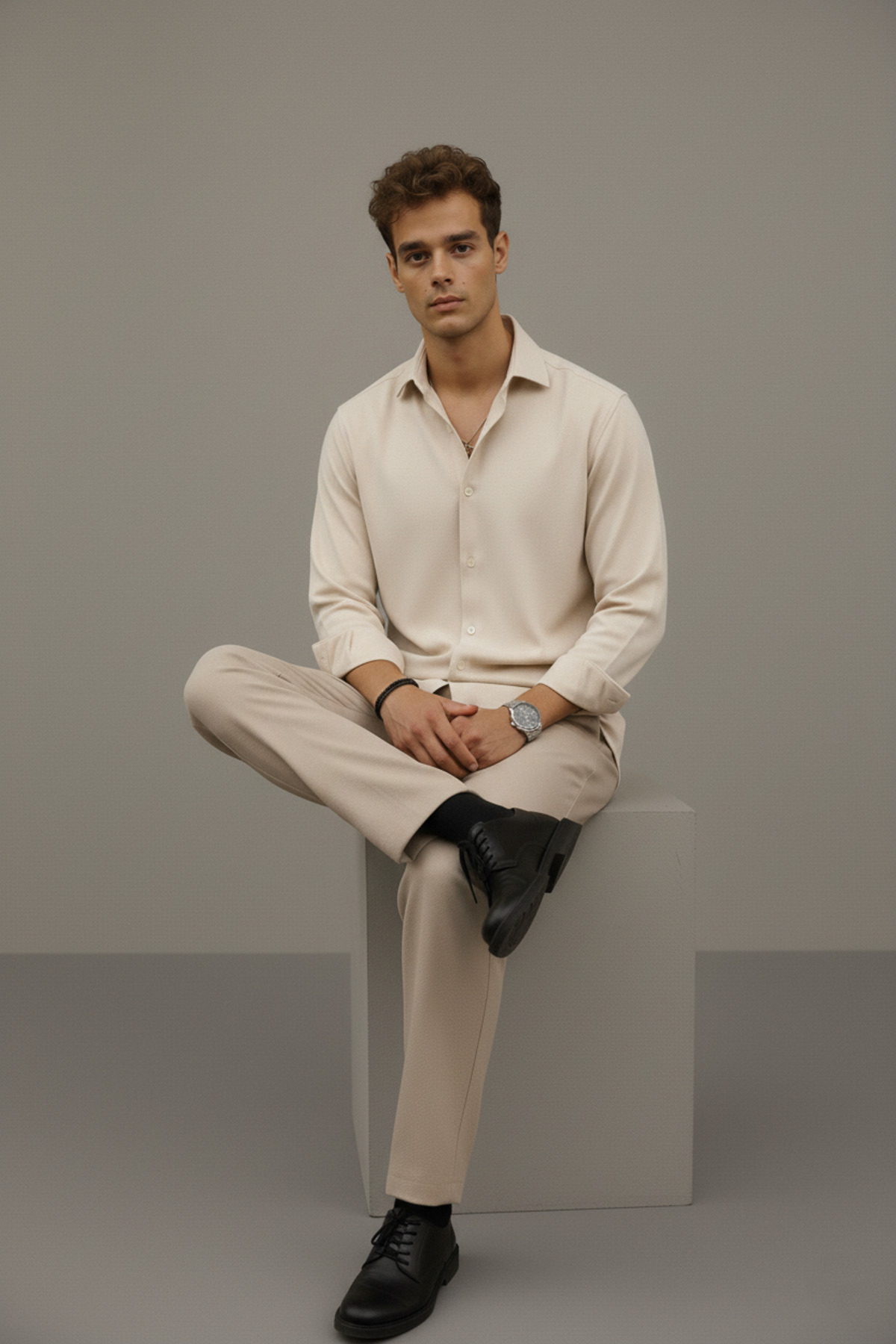 Bürke  Sofya Keten Krem Yarım Oversize Erkek Gömlek - Görsel 6