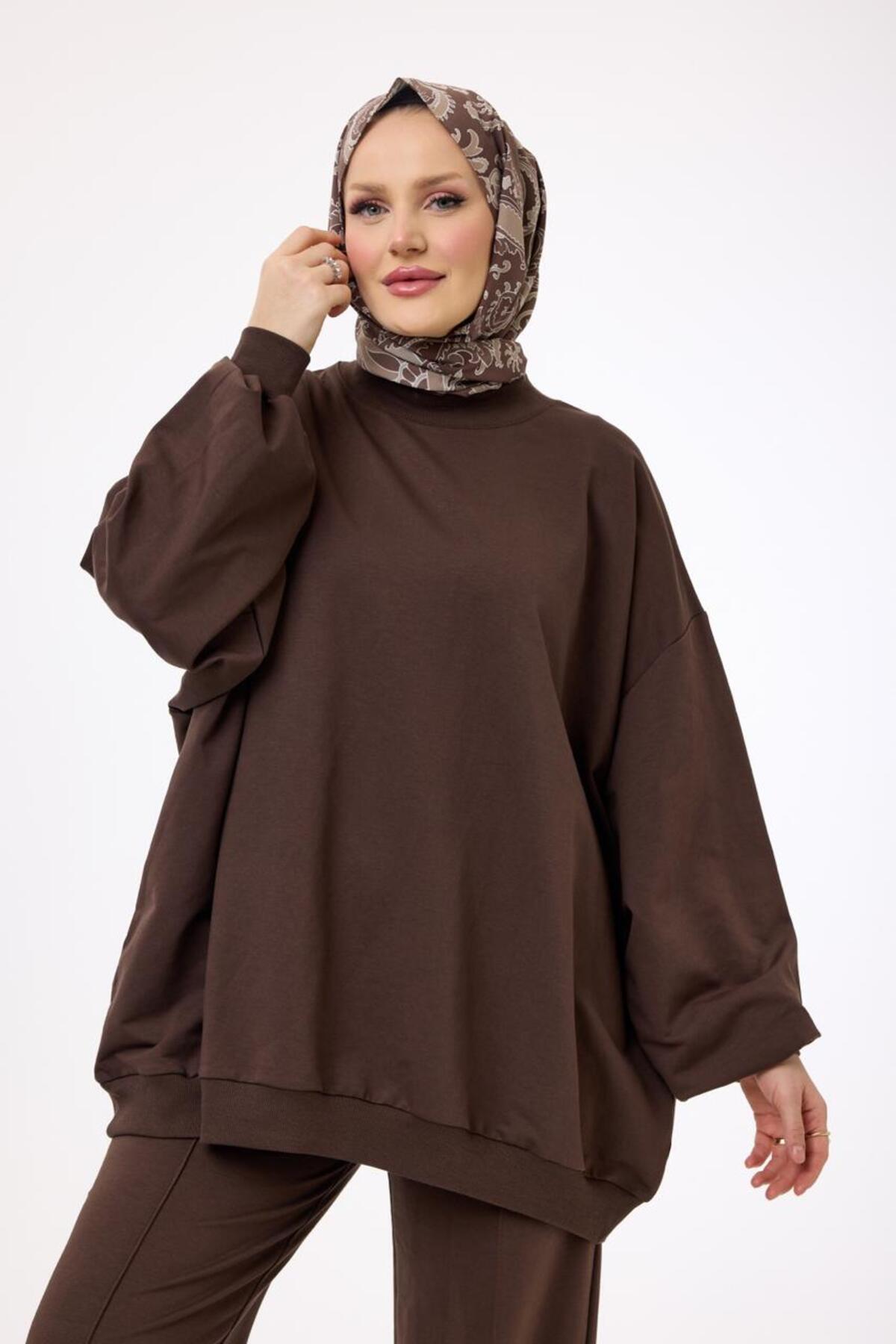 Suede Style  3044 - Rahat, Salaş Basic Kadın Uzun Sweatshirt - Görsel 5