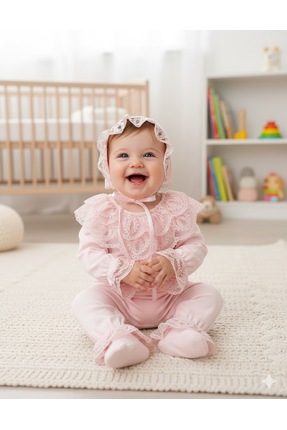 MİNİBORN Kız Yaka Dantel Pembe Tulum Set