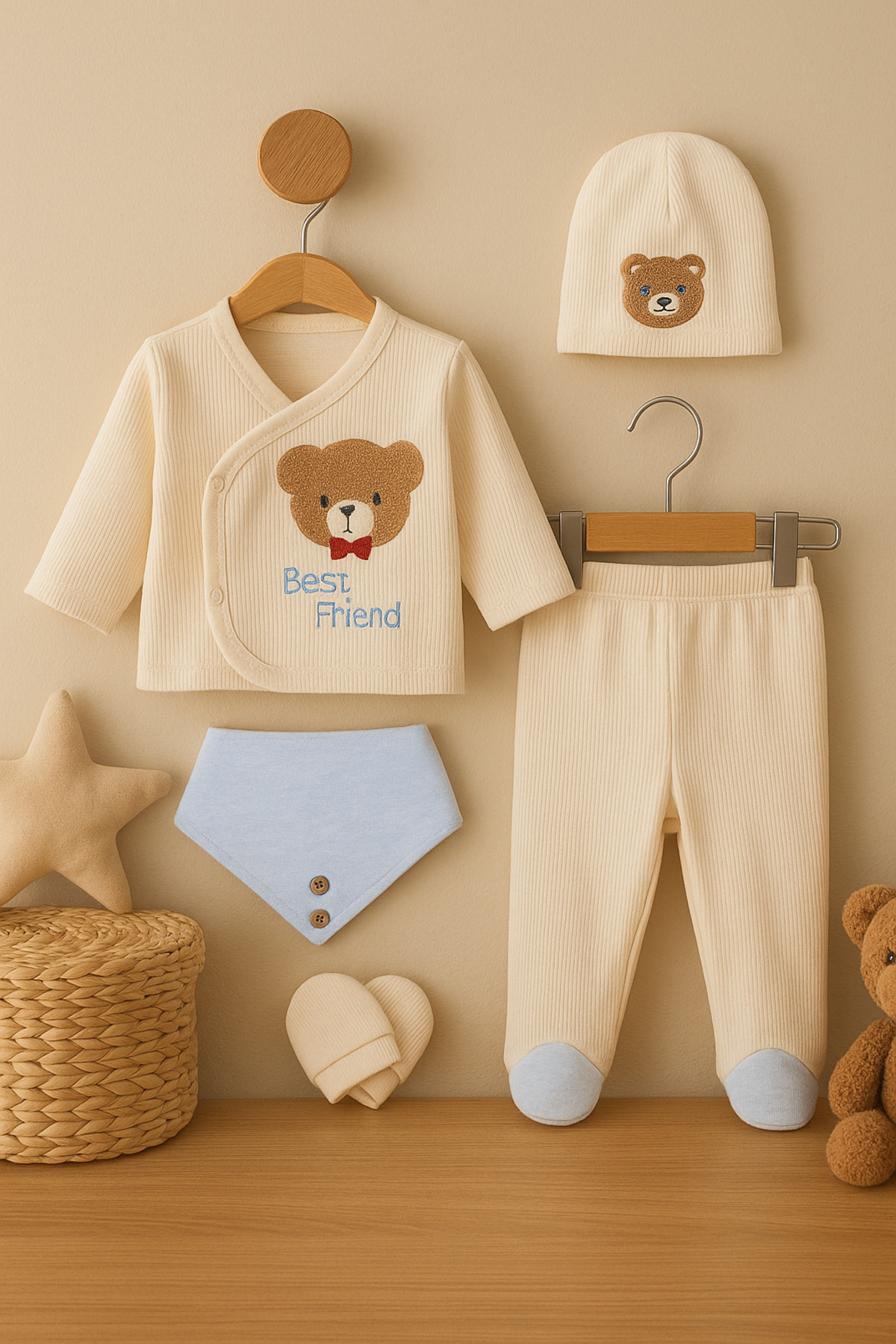 Baby Boy Bear Embroidered 5 Piece Bodysuit Set Newborn