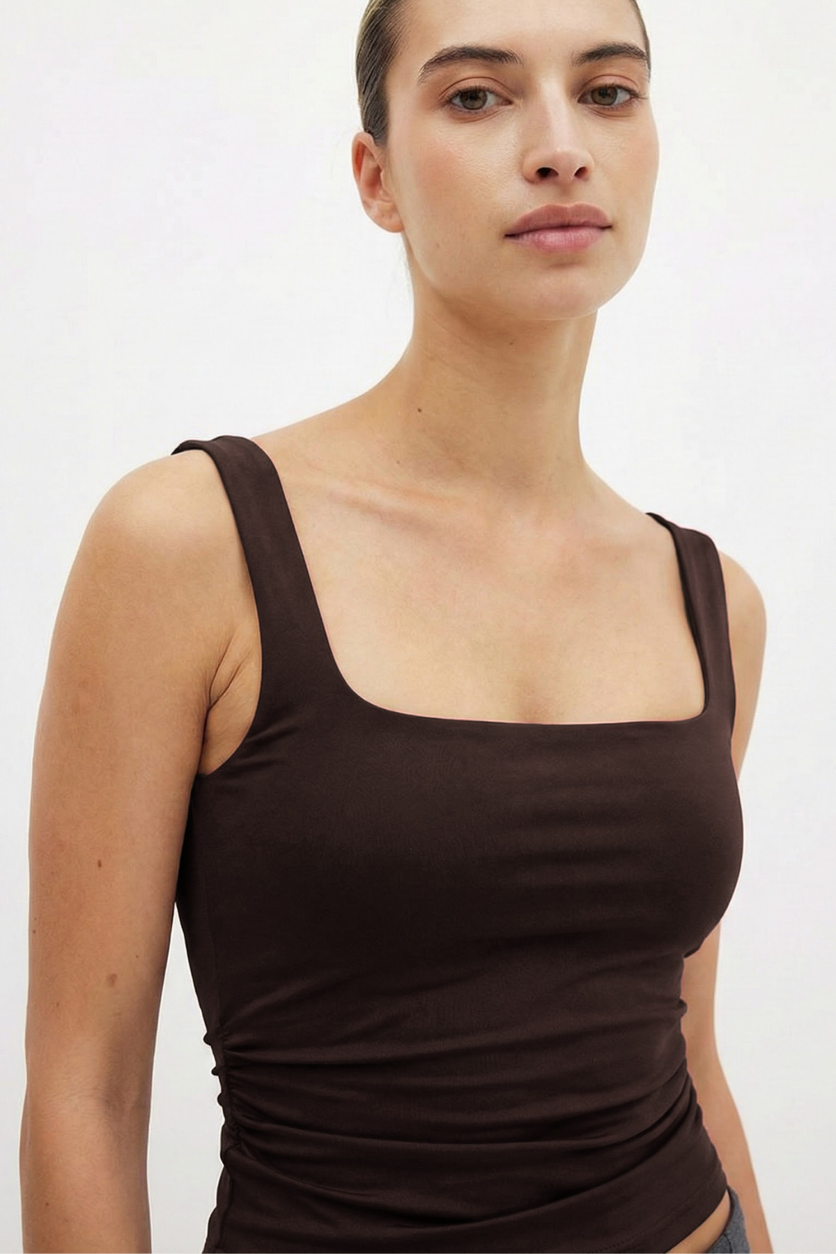 VODENS Kadın Kahve %95 Pamuk Kare Yaka Askılı Body