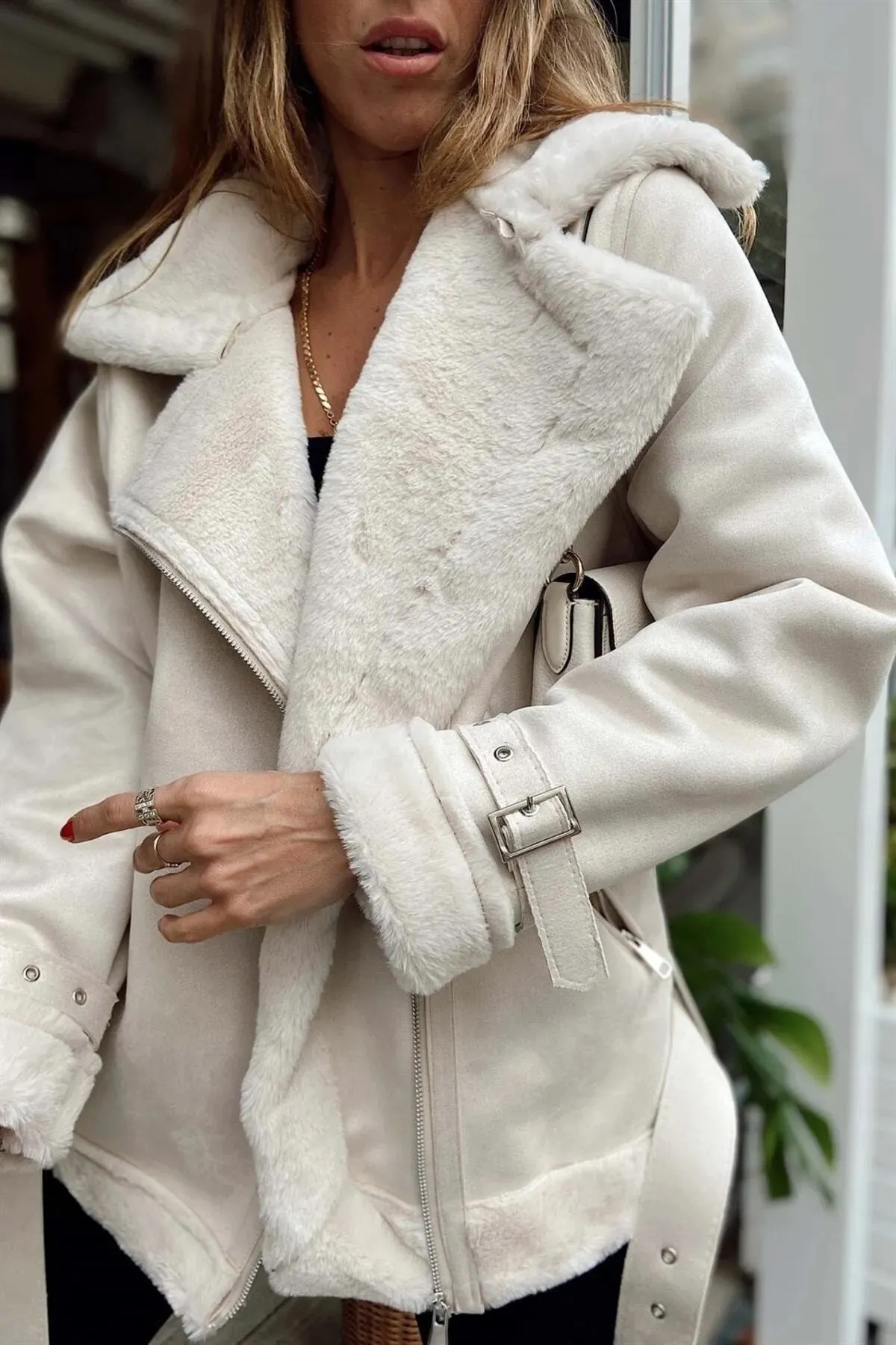 Nouvelle saison manteau en daim femme avec ceinture à boucle - Görsel 3