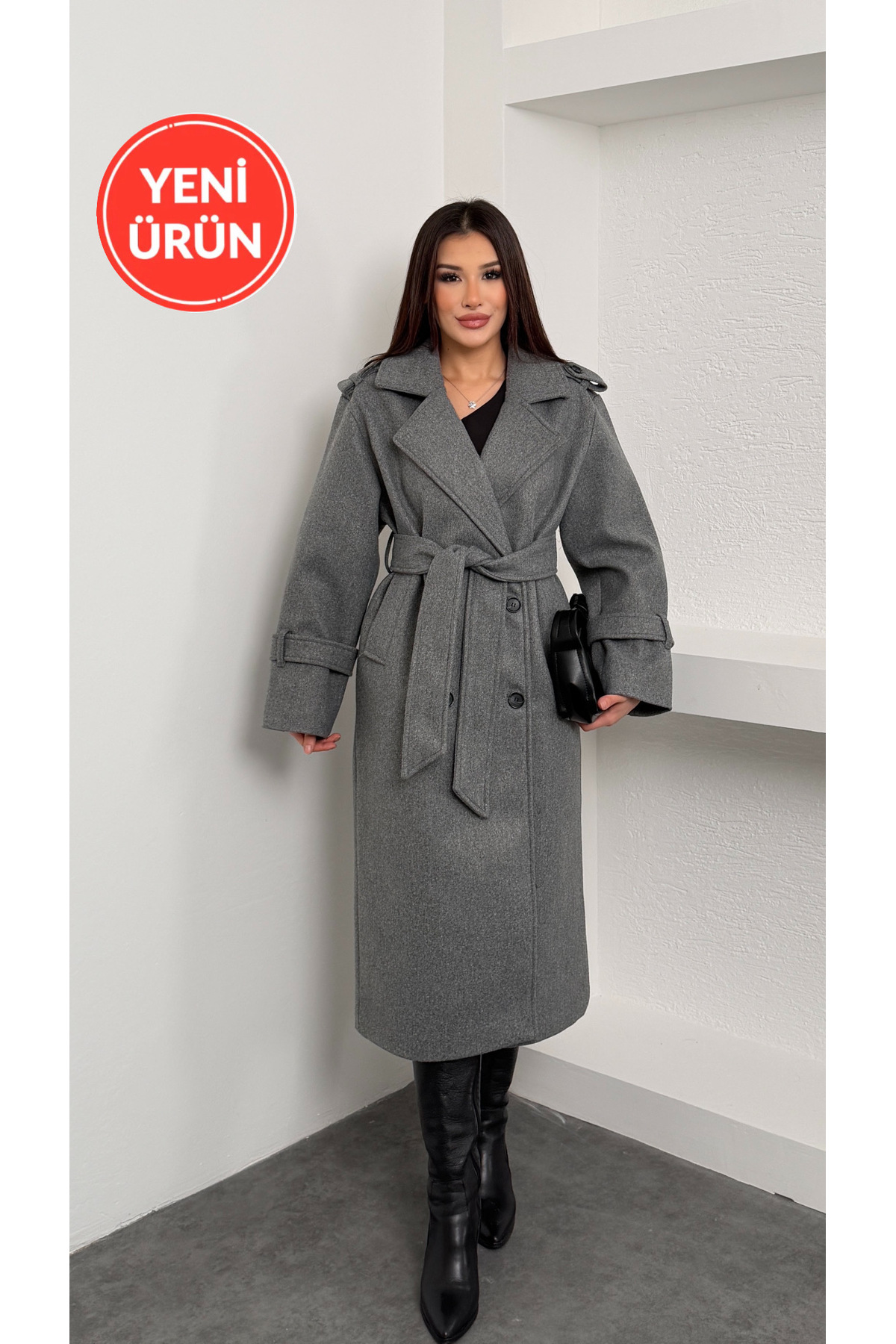 Perryes  Premium Kadın Melanj Gri Kaşe Kaban Uzun Kışlık Kuşaklı Şık Palto Mont