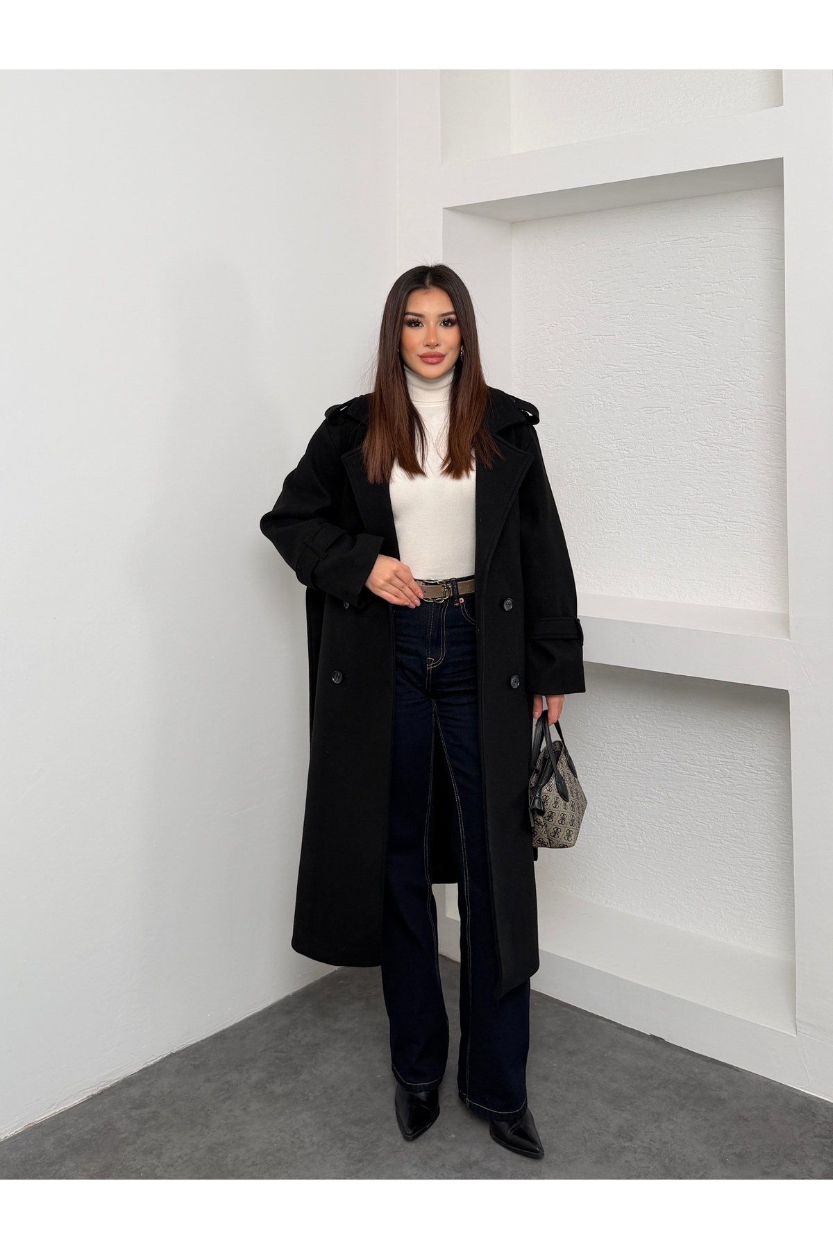 Perryes  Kadın Siyah Kaşe Kaban Uzun Kışlık Kuşaklı Şık Palto Mont - Görsel 3