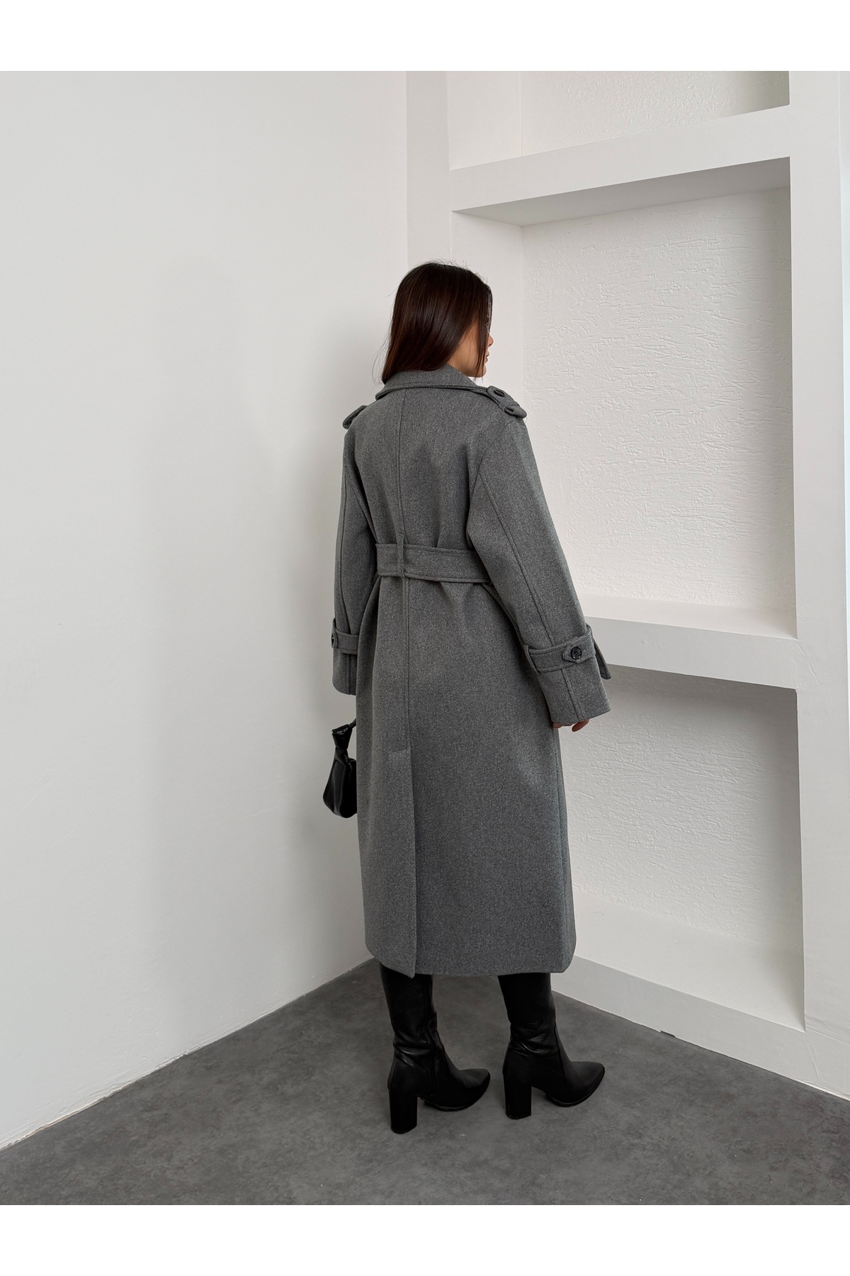 Perryes  Premium Kadın Melanj Gri Kaşe Kaban Uzun Kışlık Kuşaklı Şık Palto Mont - Görsel 9