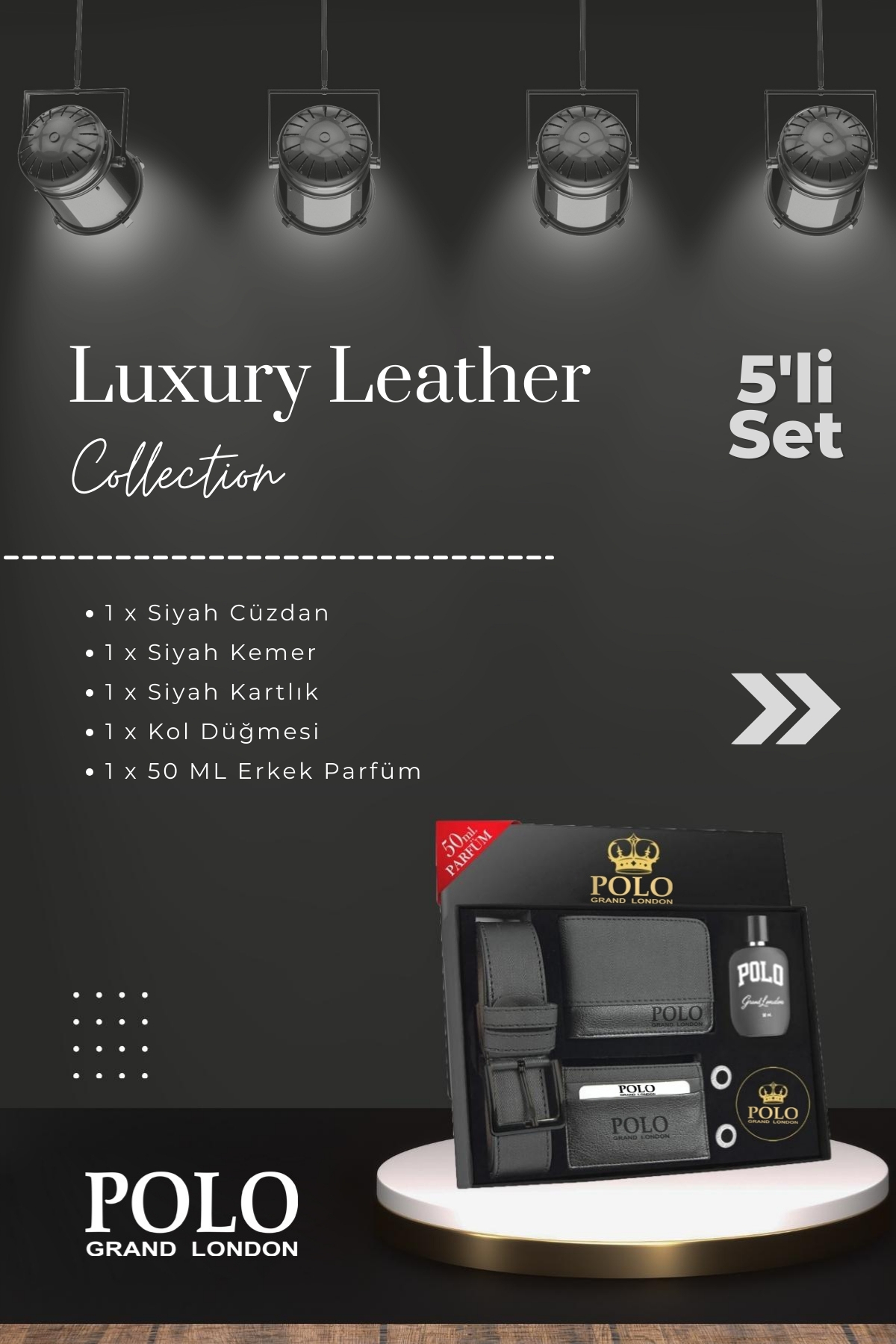 POLOGRAND London  Orijinal Erkek 5'li Hediye Kutulu Luxury Serisi Deri Kemer Cüzdan Kartlık Kol Düğmesi Parfüm Seti - Görsel 2