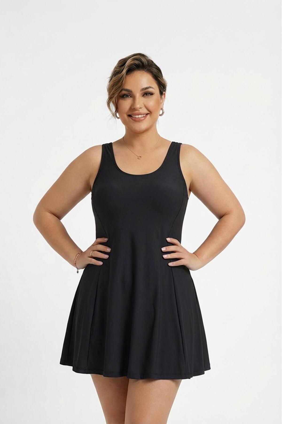 vawensea  Kadın Kendinden Bitişik Şortlu Elbise Mayo Siyah (GÖĞÜS PEDLİ) - Görsel 2