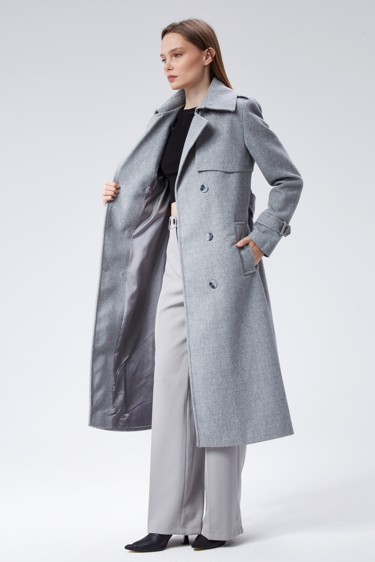 Bolivente  Kadın Regular Rüzgarlık Detaylı Kaşe Kaban - Görsel 8