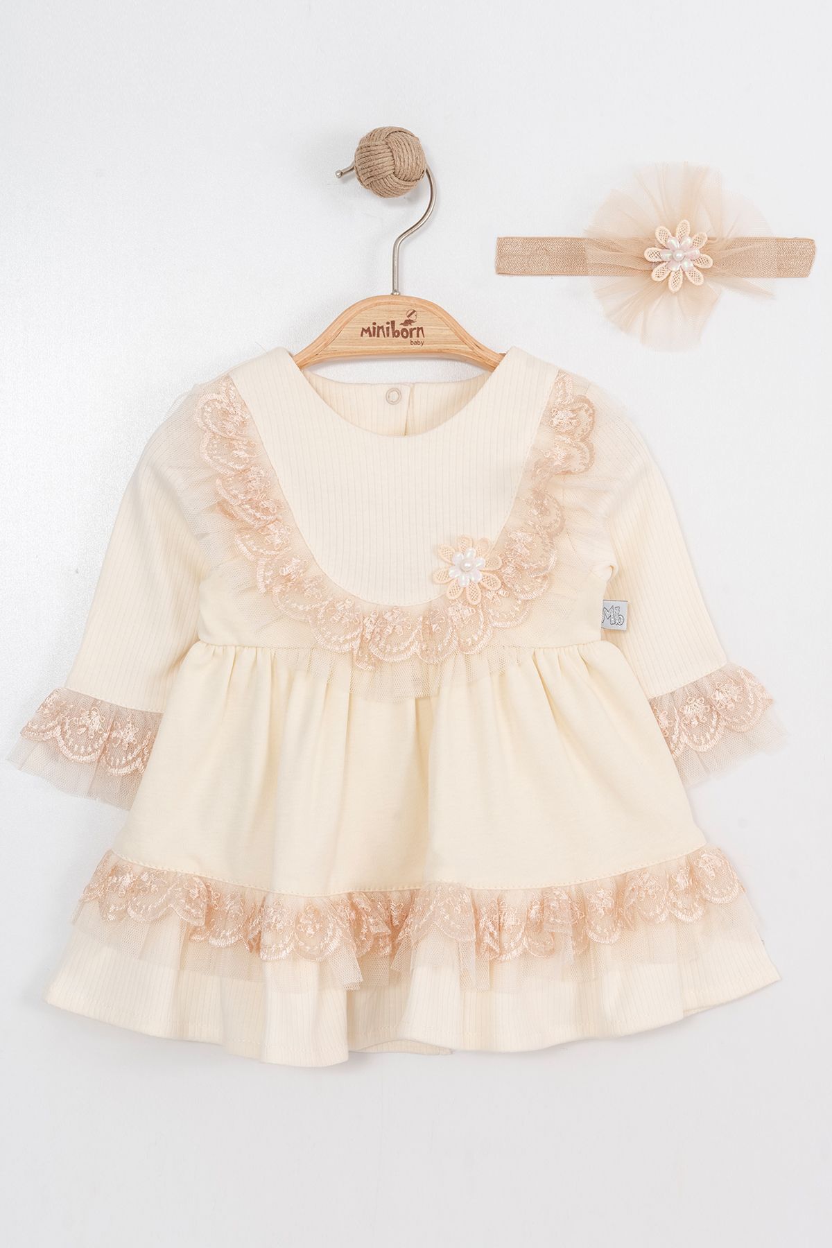 MİNİBORN YENİ DOĞAN KIZ UZUN KOLLU EKRU ÇİÇEKLİ FIRFIRLI ELBİSE SET fotoğrafı 3 (önizleme)
