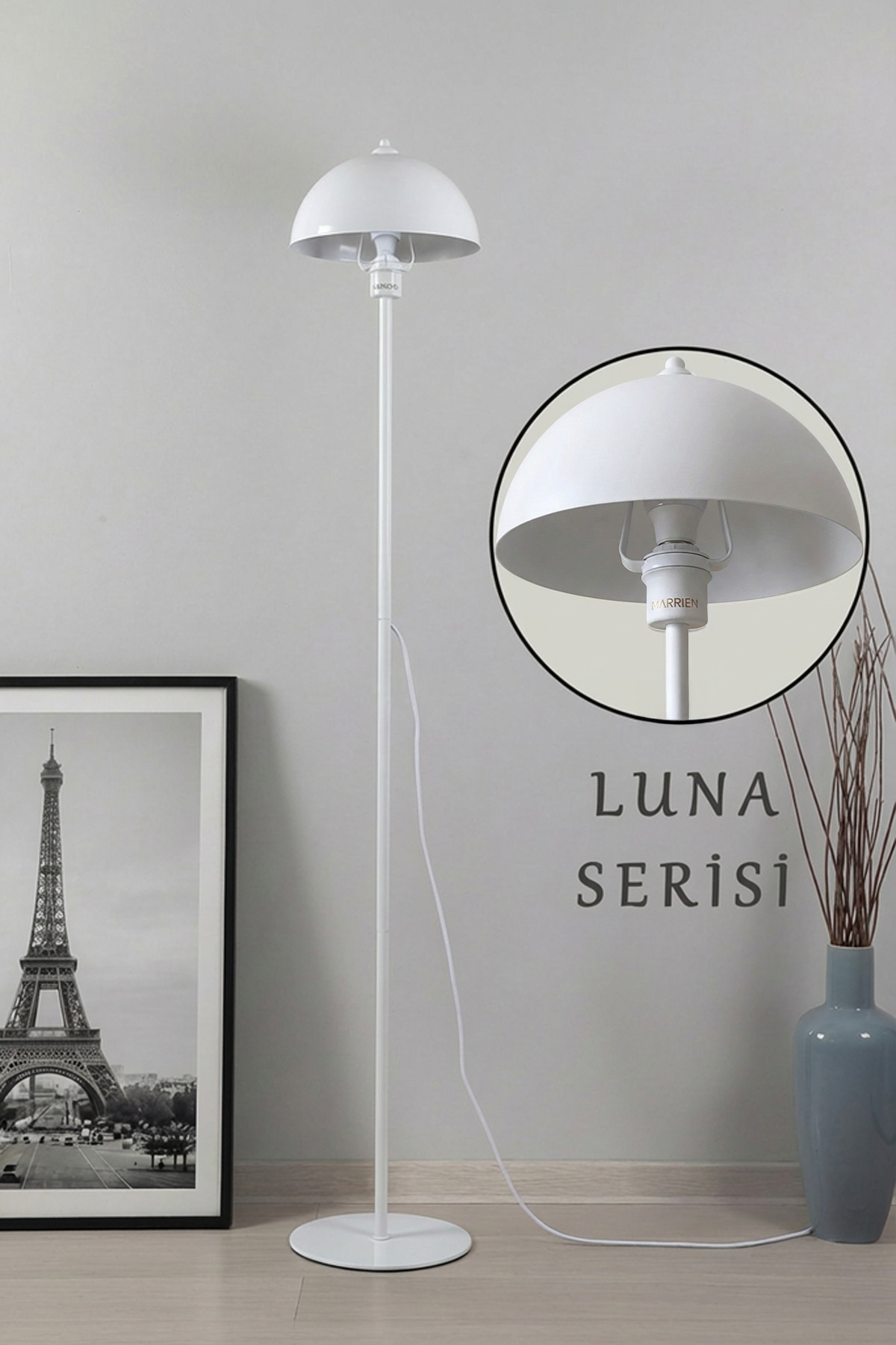 Marrien Modena Retro Beyaz Metal Başlıklı Tek Ayaklı Lambader