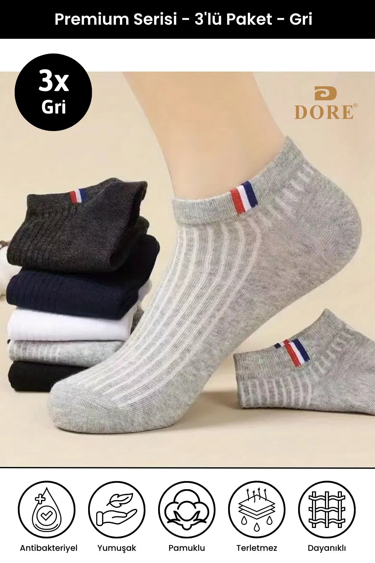 Dore Orijinal Unisex 3 Çift Premium Sport Ter Emici Nefes Alan Pamuklu Kısa Patik Spor Çorap - Gri