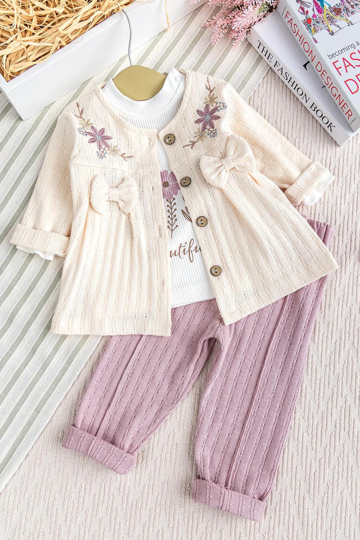 Babymod Baby Girl Toddler Cardigan with Flower Embroidery, 100% Cotton, 3-Piece Set