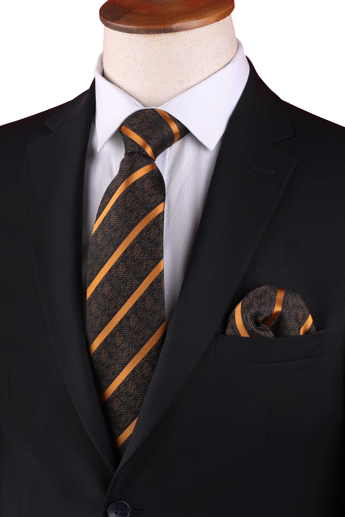  کراوات کلاسیک طرح راه راه مشکی با دستمال جیبی KK12667