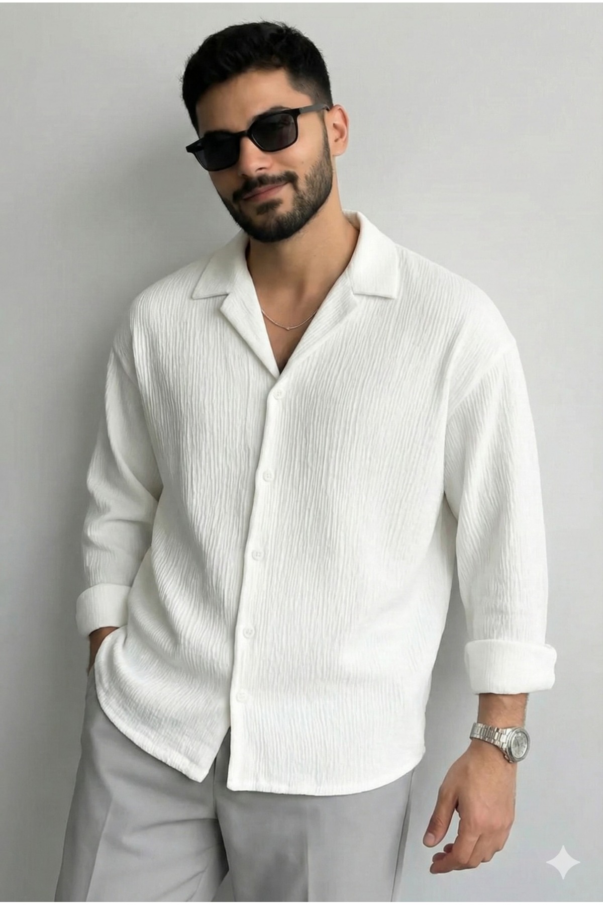 bb butik basic  Erkek Ütü İstemeyen Oversize kırık beyaz Bürümcük Gömlek BEYAZ - Görsel 3