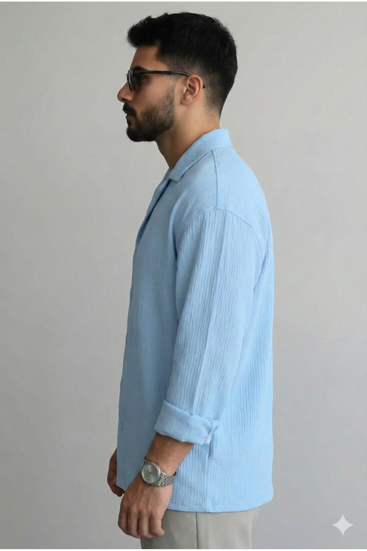 bb butik basic  Erkek Ütü İstemeyen Oversize dört mevsimlik Gömlek MAVİ - Görsel 4