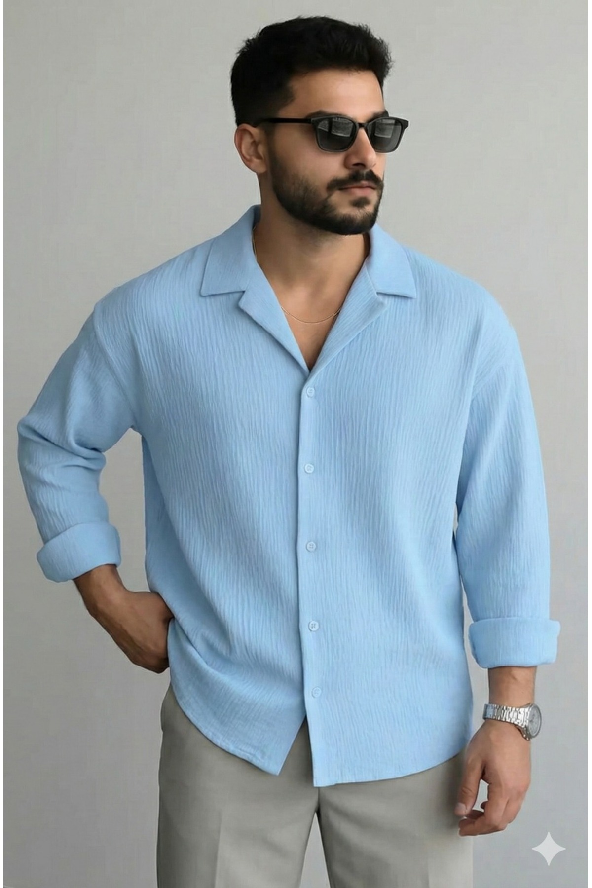 bb butik basic  Erkek Ütü İstemeyen Oversize dört mevsimlik Gömlek MAVİ - Görsel 3