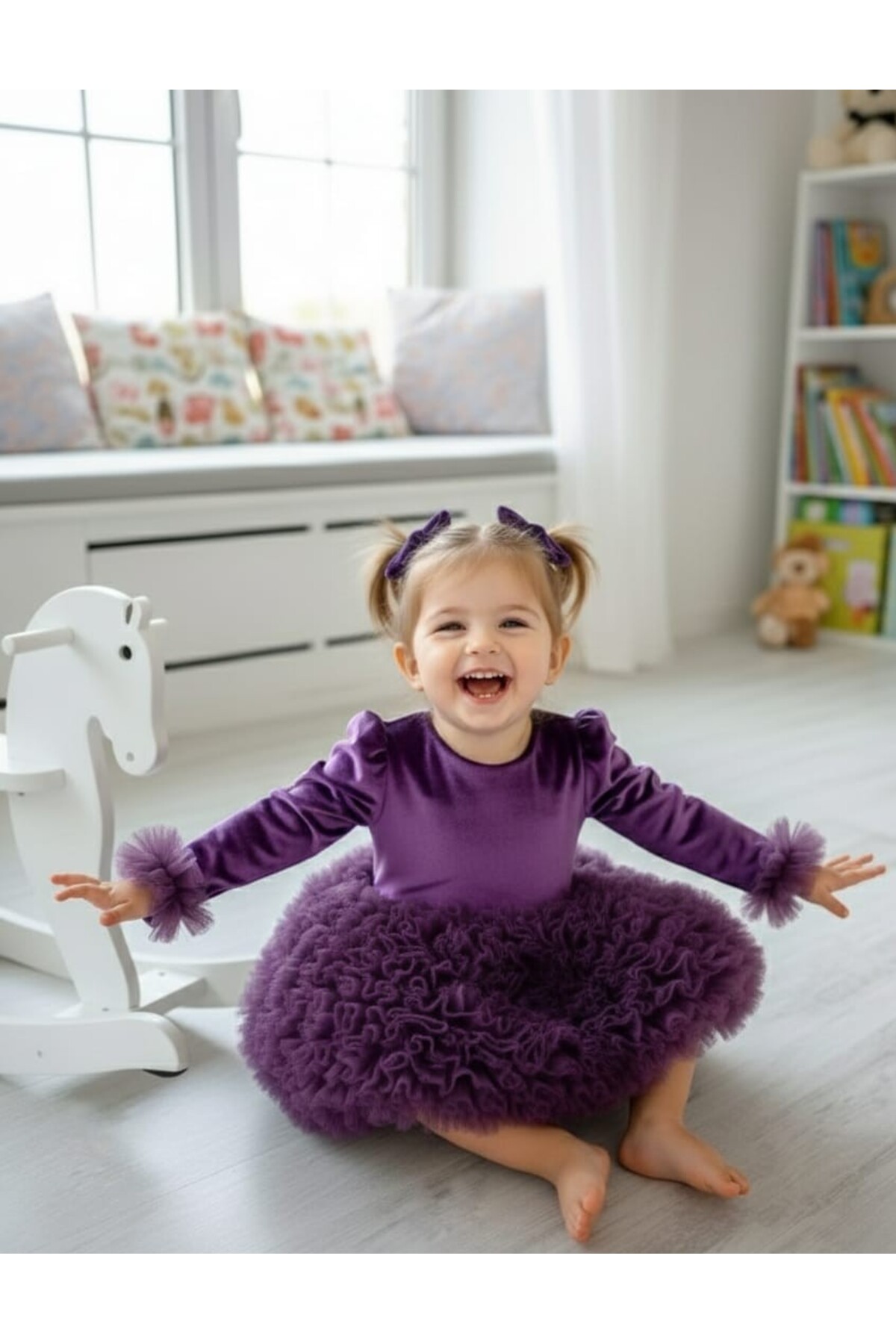 penu baby kids Mor Altı Tütü Etekli Kadife Uzun Kollu Kız Bebek Elbise fotoğrafı 4 (önizleme)