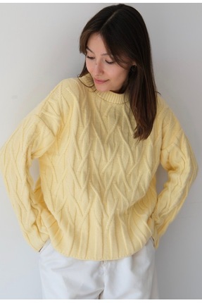 Butik Una Fiaba Sarı Oversize Bisiklet Yaka Yumuşak Dokulu Triko Kazak