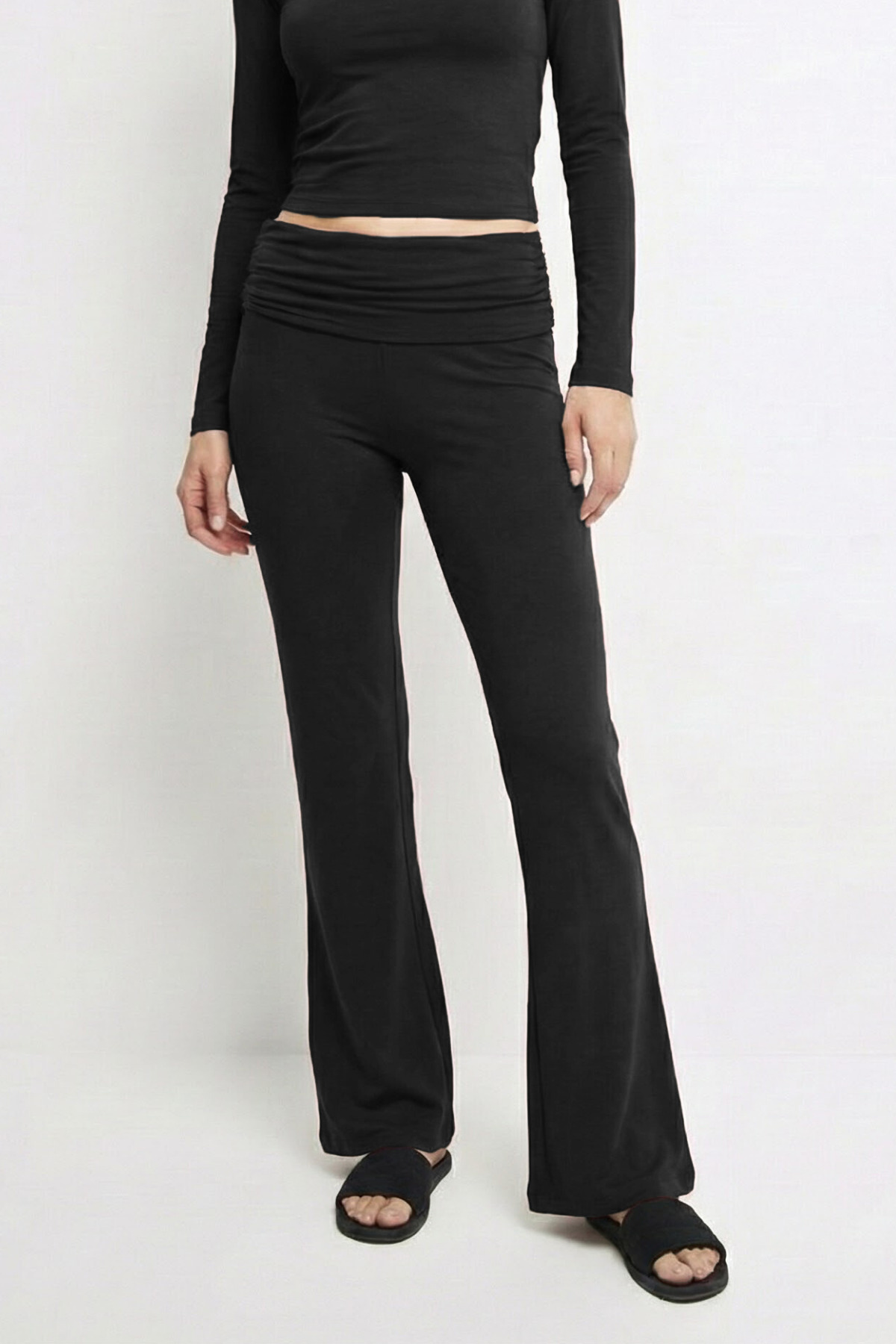 VODENS Kadın Siyah Melanj İspanyol Paça Jarse Ultra Soft Pantolon Flared