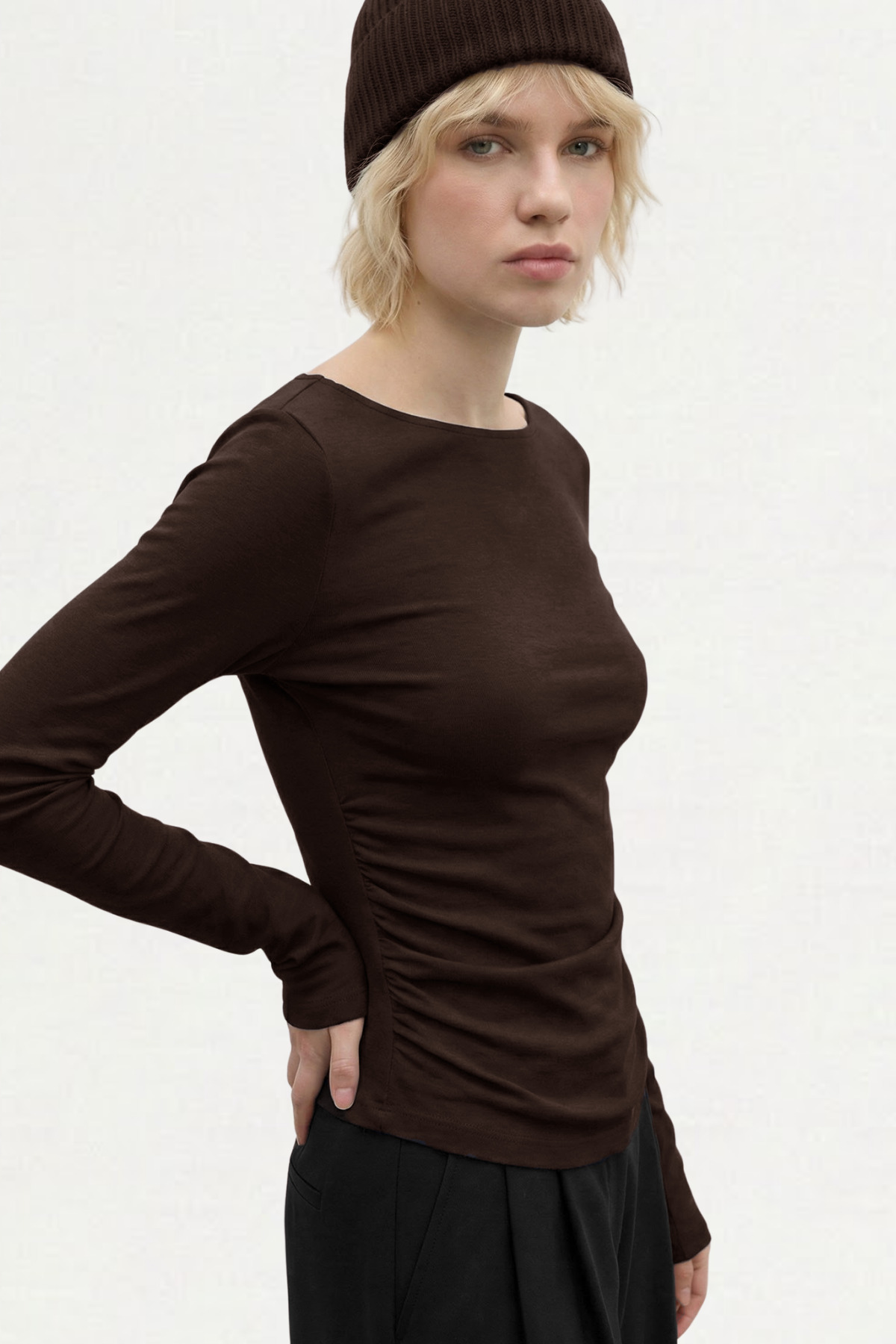 VODENS  Kahve Büzgü Detaylı %100 Pamuk Uzun Kol Bluz - Görsel 2