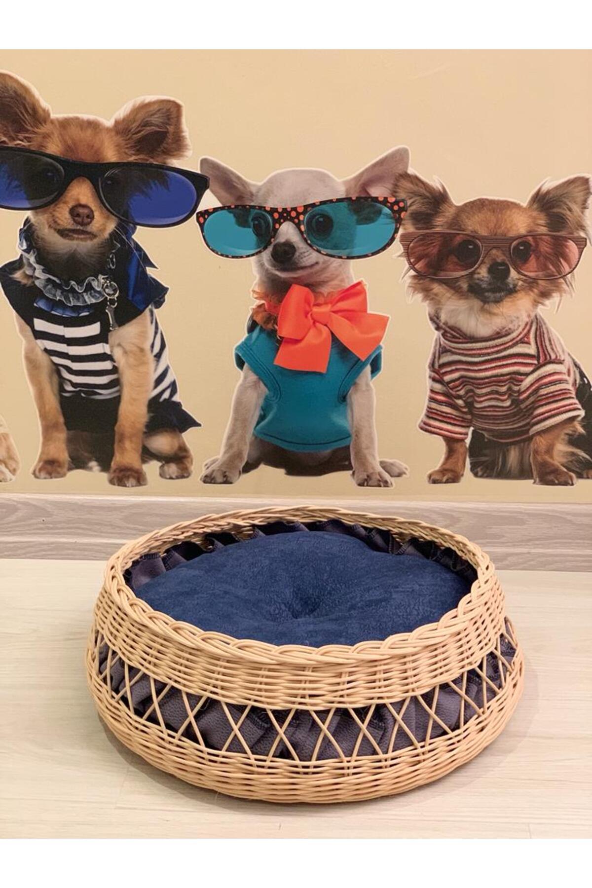 Mady Aksesuar Rattan Bambu Dekoratif Kedi Köpek Yatağı Mavi 42 cm