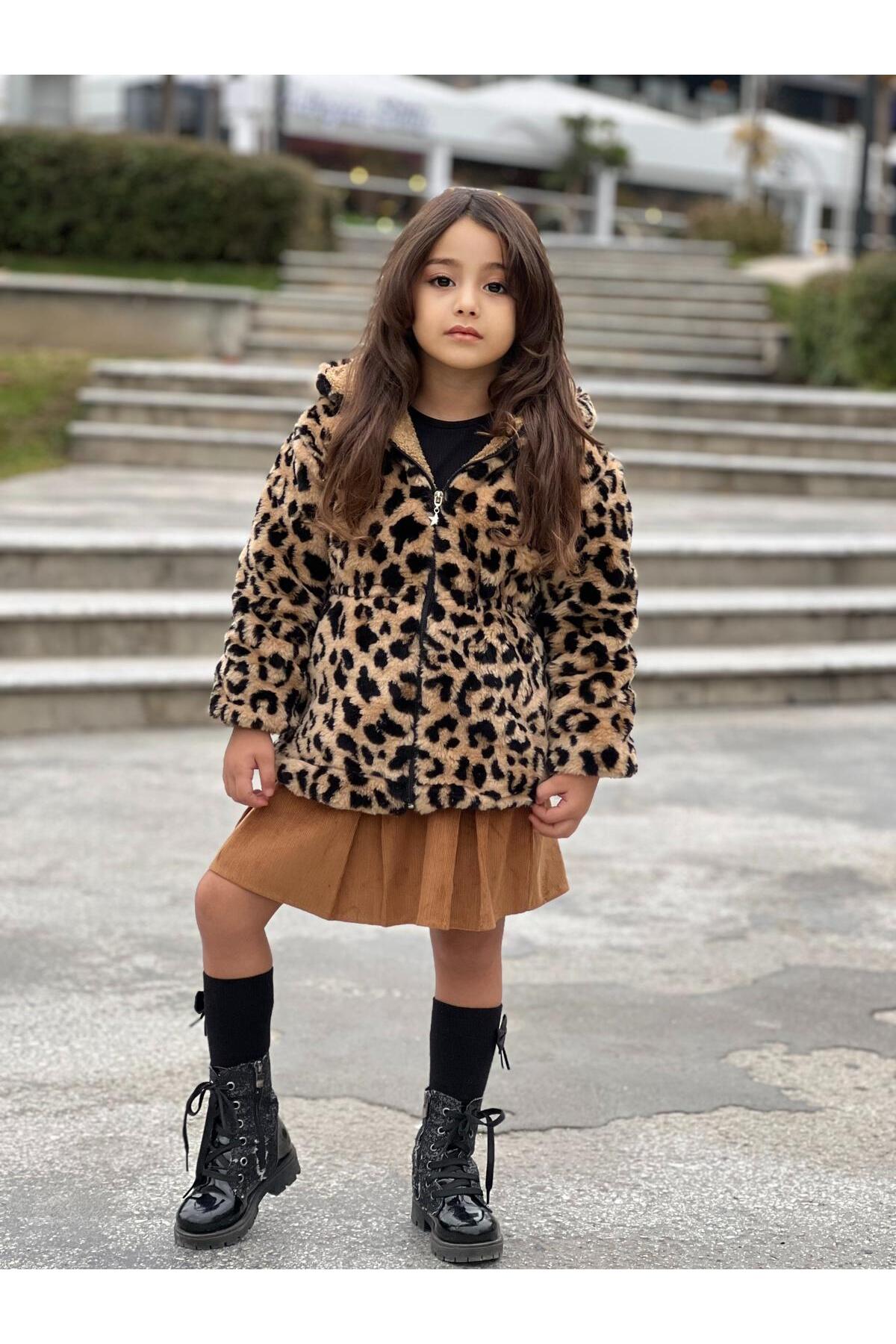 Calisa Kız Çocuk Leopar Kürklü Peluş Kaban - 3/12 Yaş - Kışlık Mont fotoğrafı 6 (önizleme)