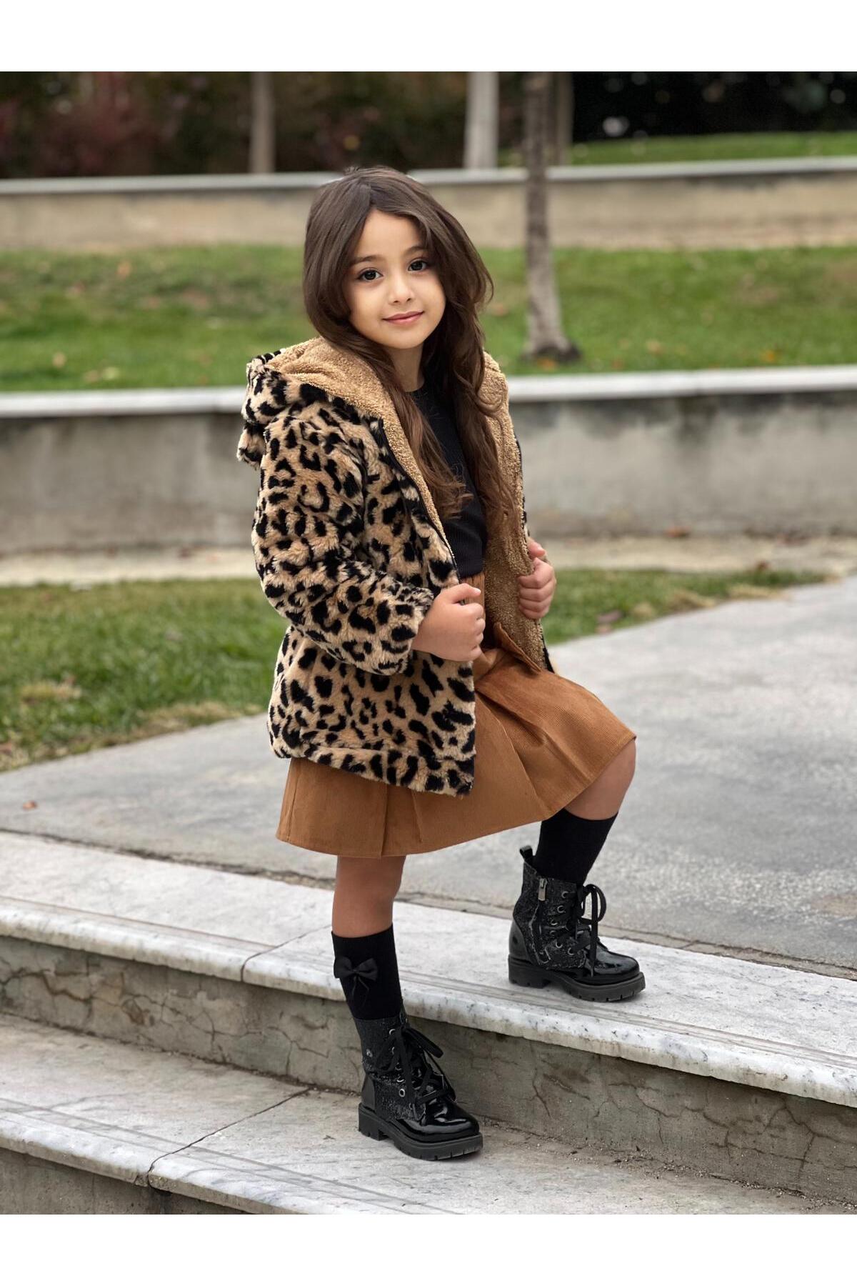 Calisa Kız Çocuk Leopar Kürklü Peluş Kaban - 3/12 Yaş - Kışlık Mont fotoğrafı 7 (önizleme)