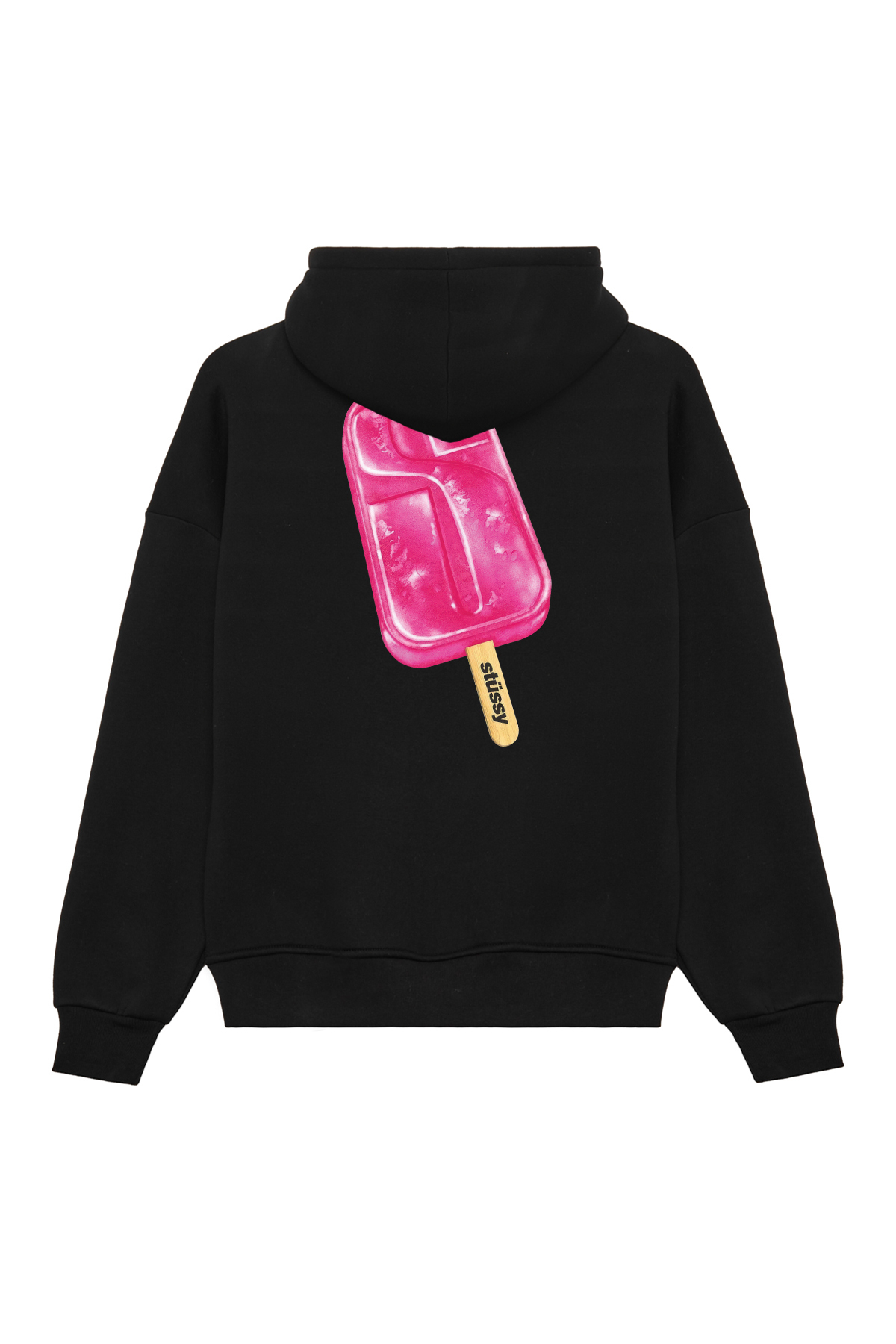 Unisex Stüssy Dondurma Baskılı Oversize Bol Kesim 3 İplik Şardonlu Siyah Kapüşonlu Sweatshirt
