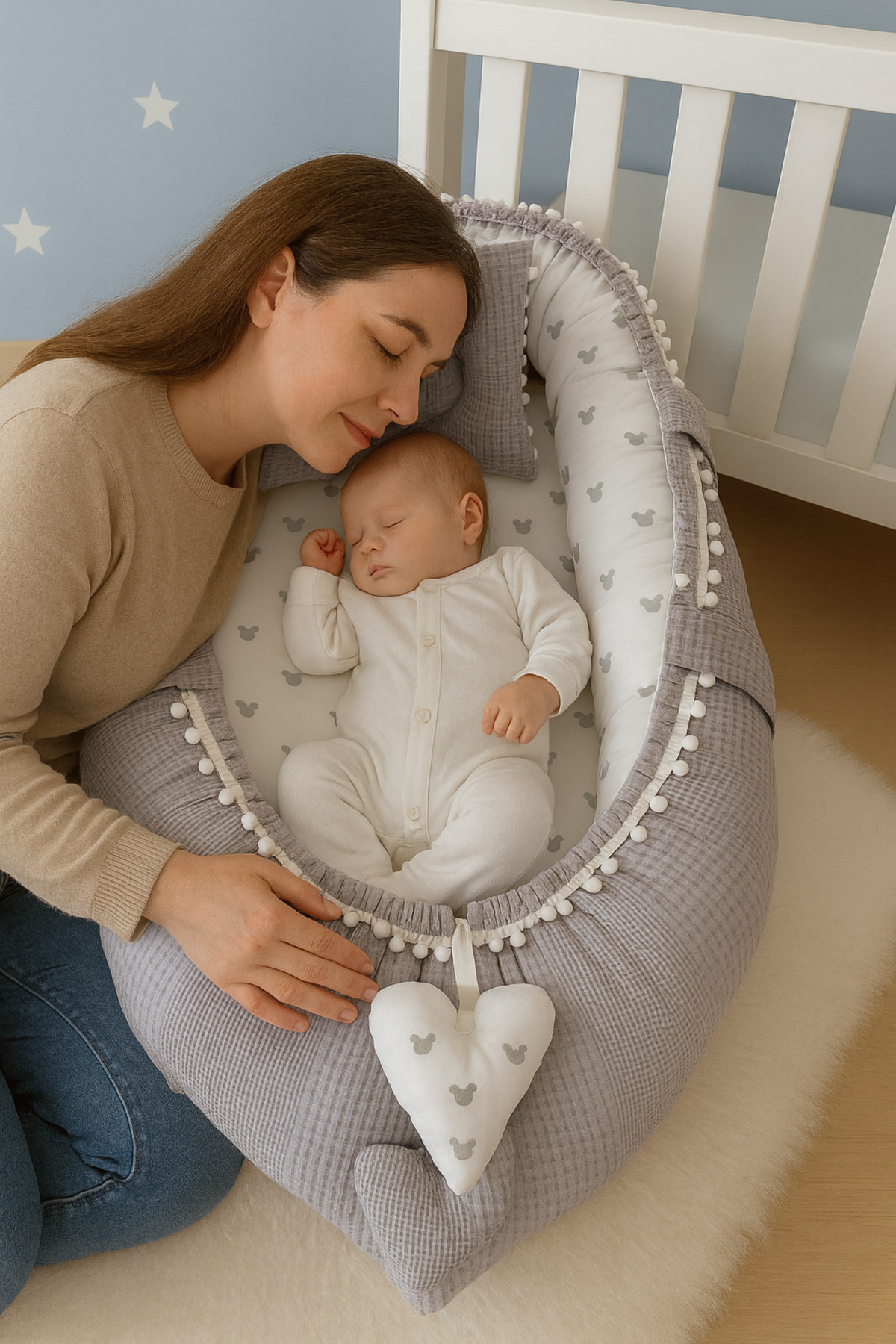 Jaju Baby Babynest Gri Waffle Pike Kumaş Micky Tasarım Ponponlu Nest fotoğrafı 2 (önizleme)