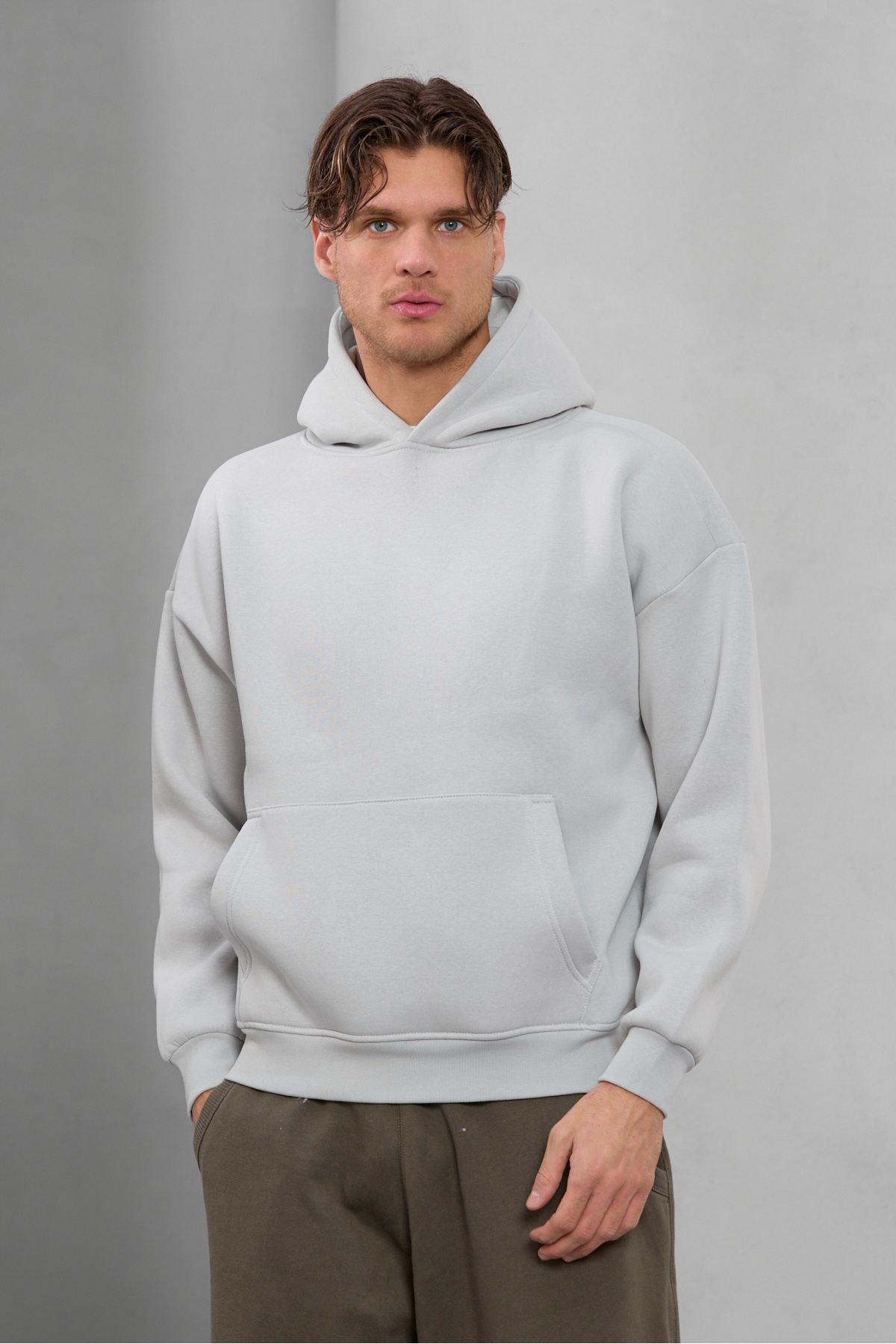 Erkek Oversize Bol Kesim Pamuklu 3 İplik Şardonlu Yumuşak Dokulu Basic Gri Kapüşonlu Sweatshirt