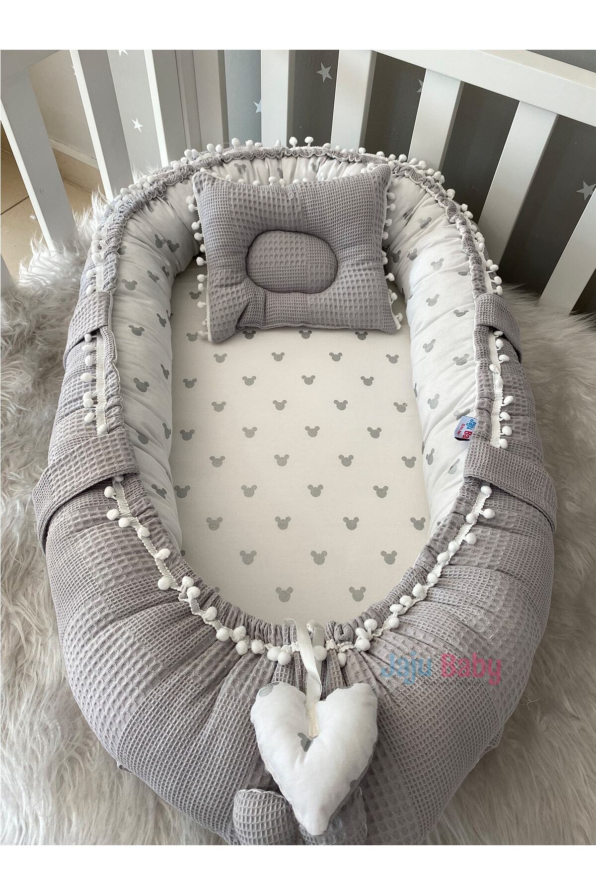 Jaju Baby Babynest Gri Waffle Pike Kumaş Micky Tasarım Ponponlu Nest fotoğrafı 3 (önizleme)