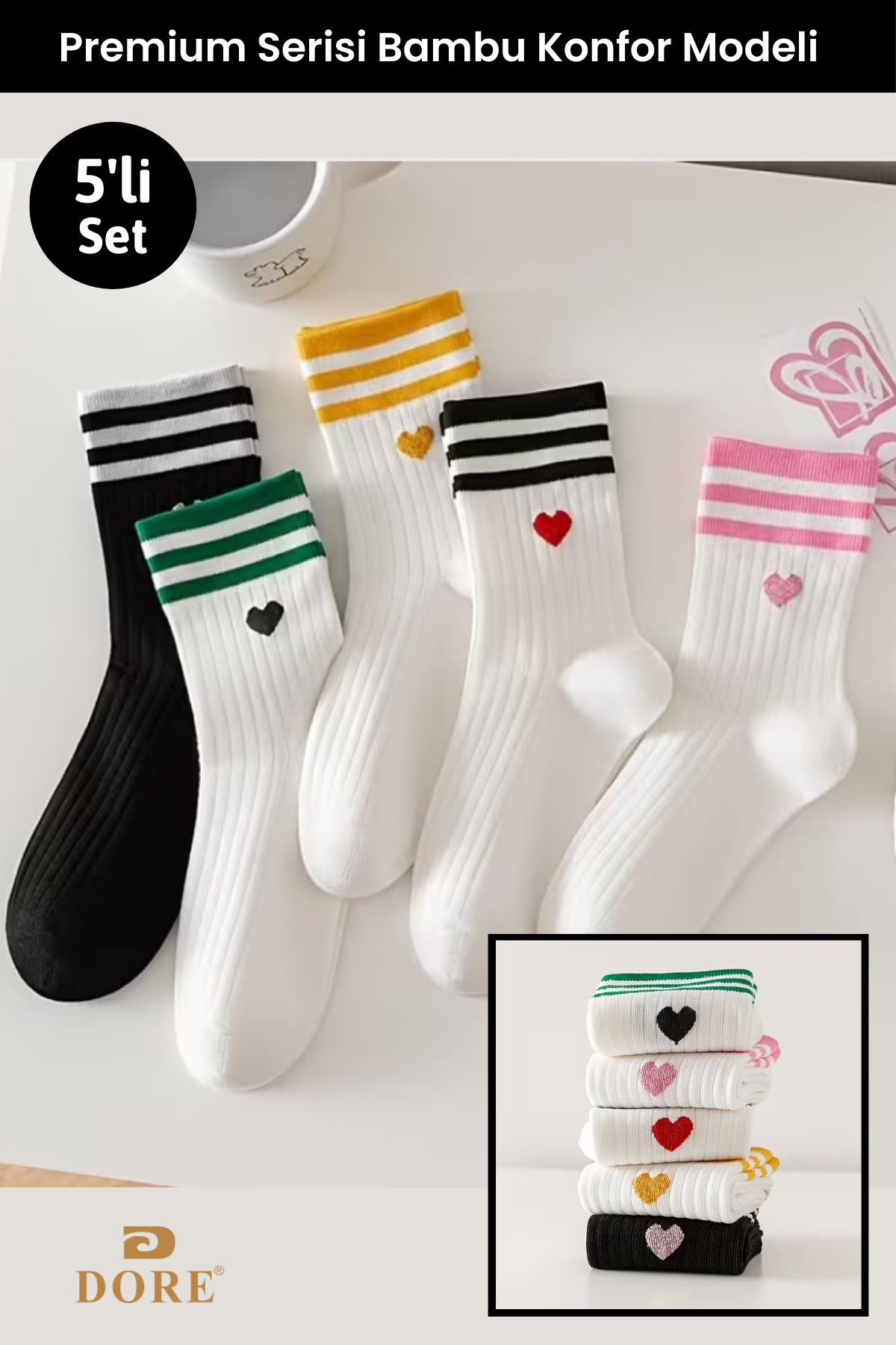 Dore Originalni ženski set od 5 mekanih Bambus čarapa za 4 sezone Heart Pruga...