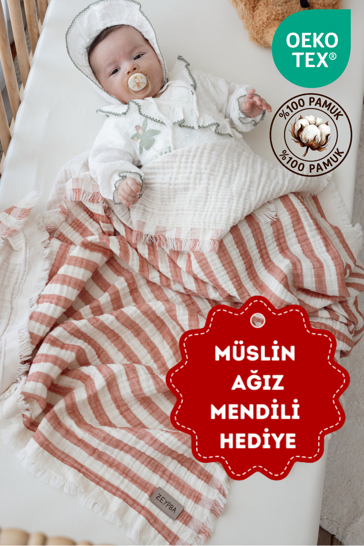 ZEYPBA Çizgili Müslin Kiremit 4Katlı Müslin Bebek Battaniye 110x110cm