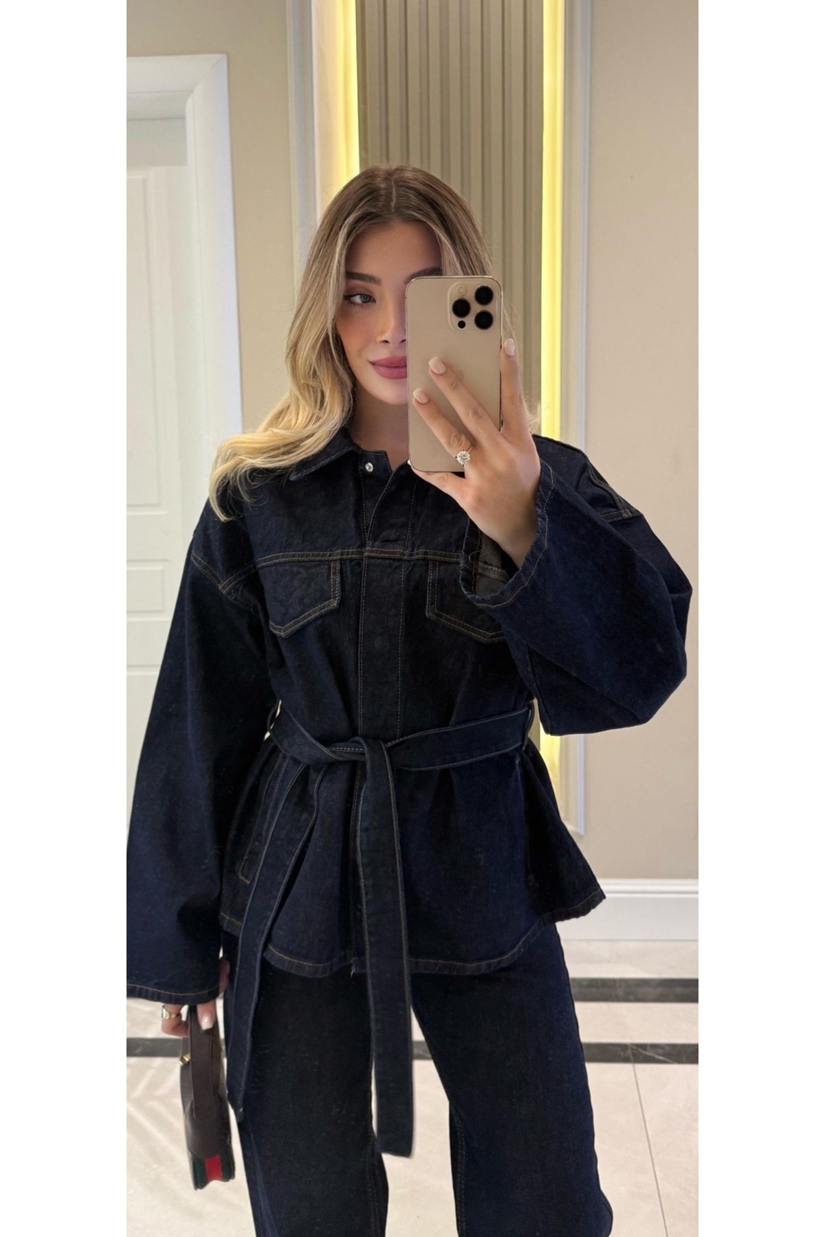 Bluewhs Kadın Bağlamalı Denim Takım Oversize Ceket ve Pantolon