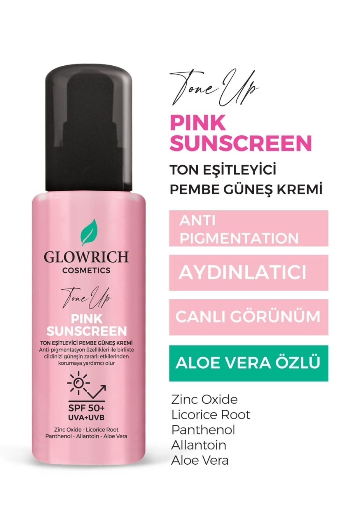 GLOWRİCH COSMETİCS Ton Eşitleyici Leke Karşıtı Anti-pigmentasyon Özellikli Pembe Güneş Kremi (spf 50 ) 100 ml