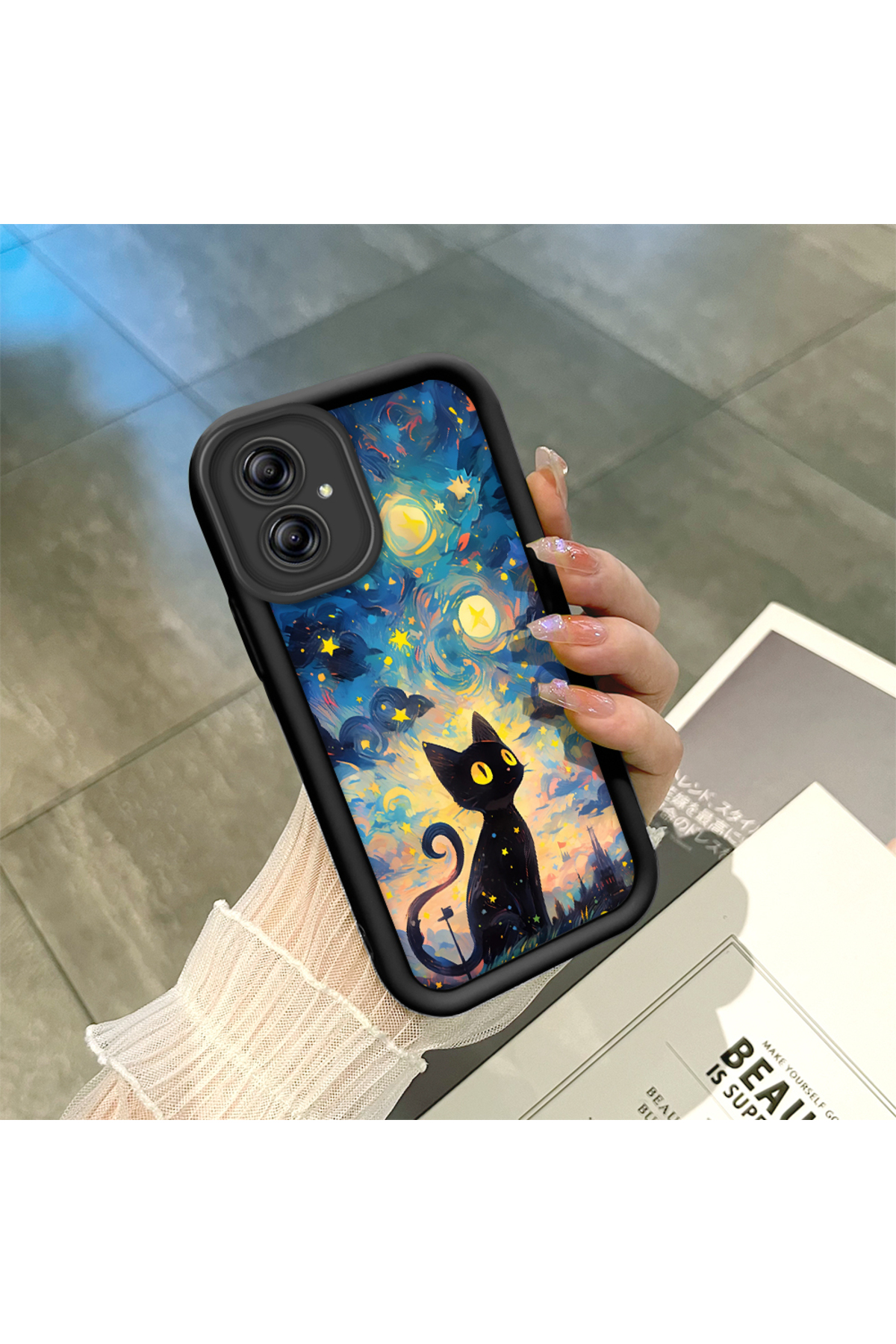 Samsung Galaxy A04e Compatible Black Silicone Cat Pattern Shock Absorbing Phone Case