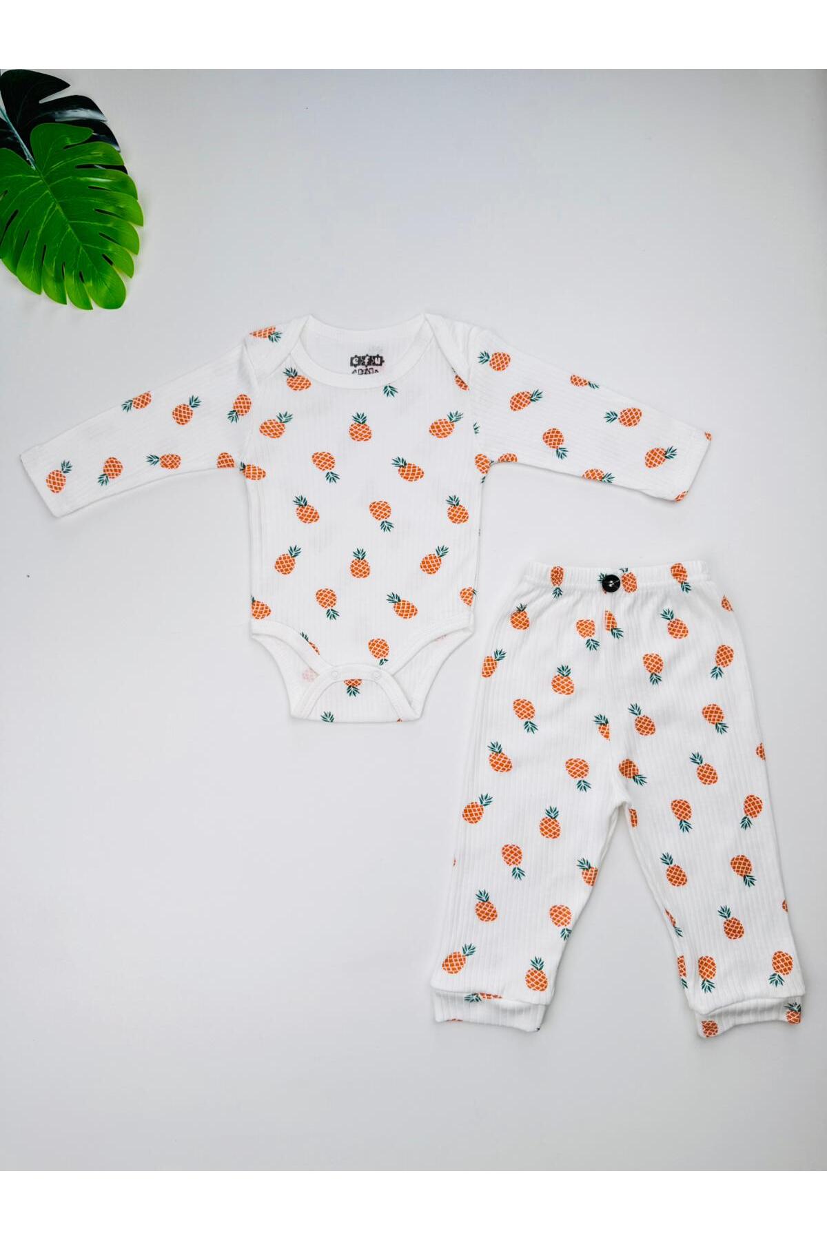 EFU BABY 2li Ananas Desenli %100 Pamuklu Unisex Bebek Body Pantolon Takım fotoğrafı 4 (önizleme)