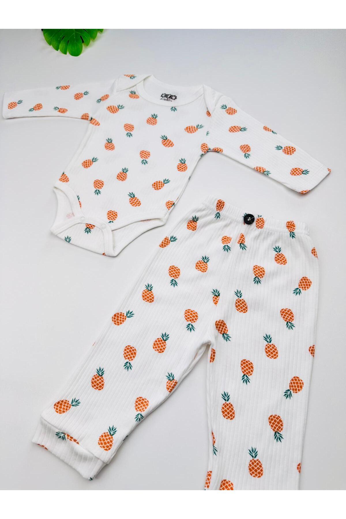EFU BABY 2li Ananas Desenli %100 Pamuklu Unisex Bebek Body Pantolon Takım fotoğrafı 5 (önizleme)