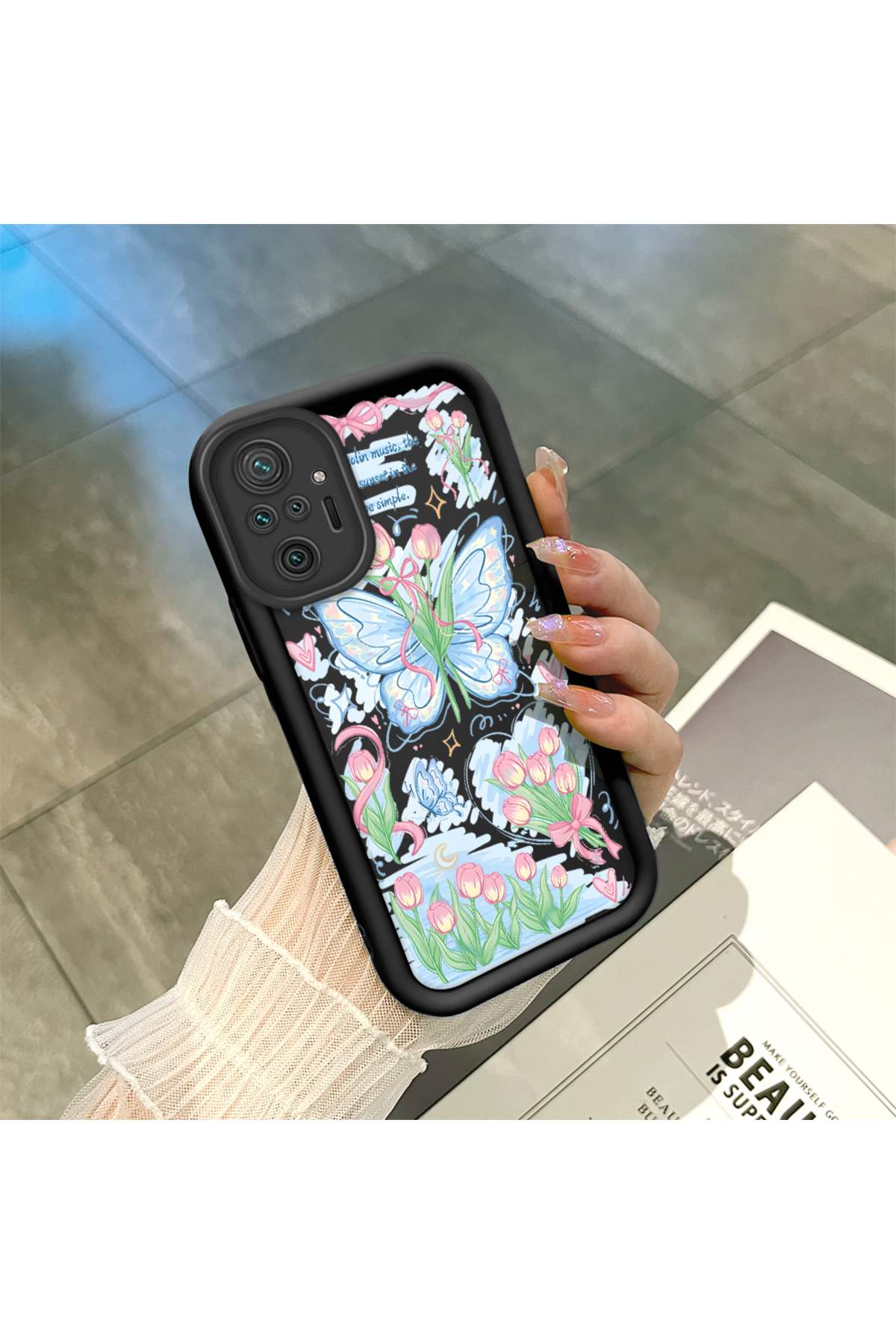 Xiaomi Redmi Note 10 Pro Compatible Black Silicone Zambaq and Butterfly Pattern Elegant Styles Case