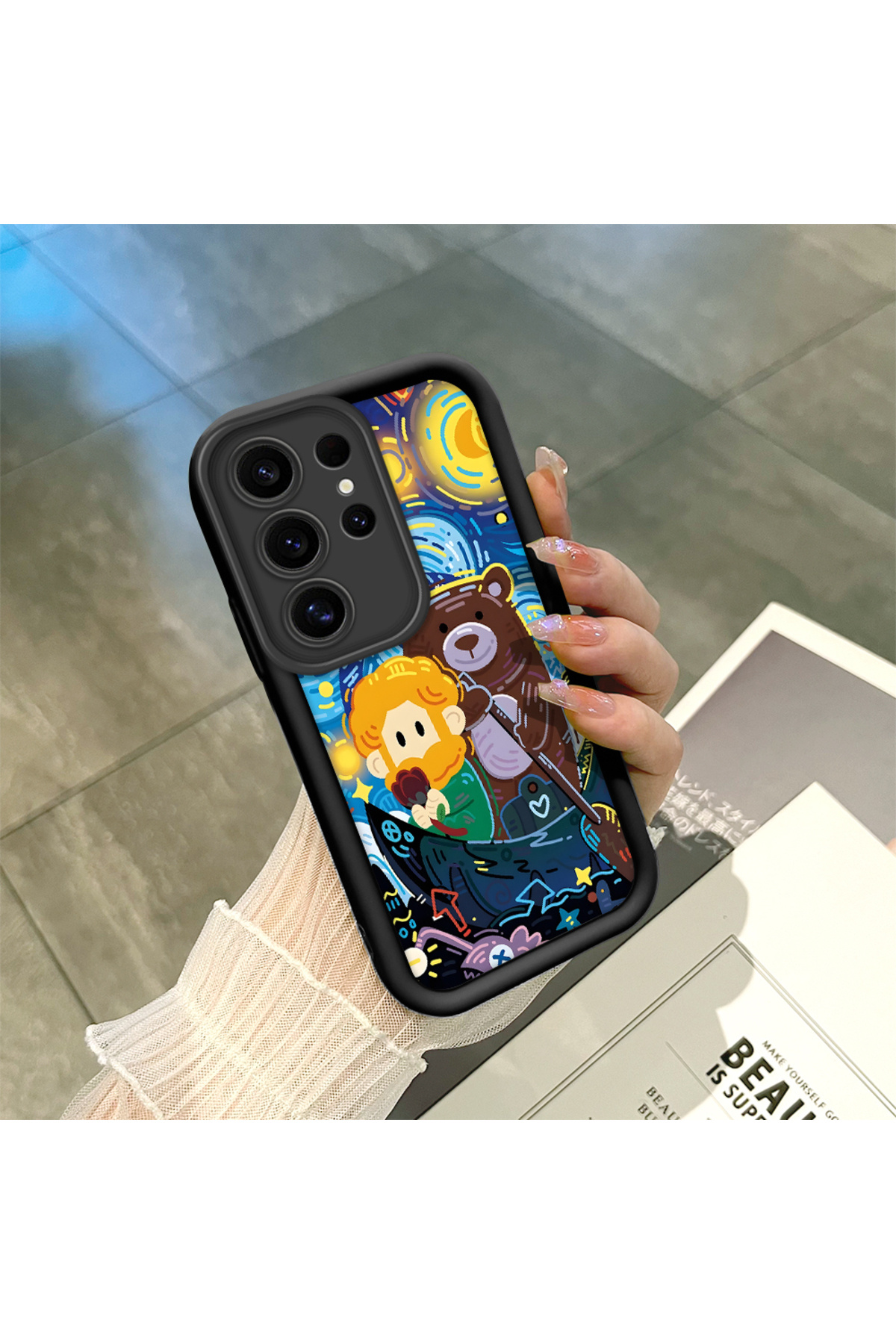 Samsung Galaxy S25 Ultra Compatible Black Silicone Van Gogh Star Night Pattern Anti-Slip Phone Case