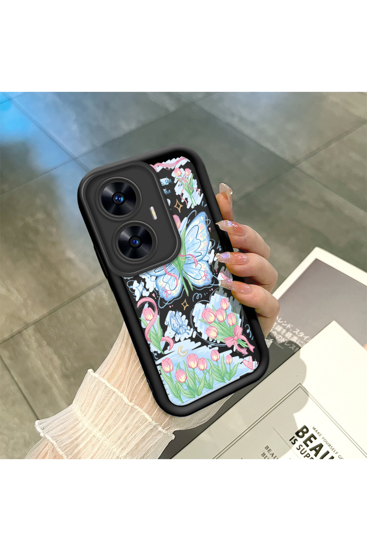 Realme C55 Compatible Black Silicone Zambaq and Butterfly Patterned Elegant Styles Phone Case