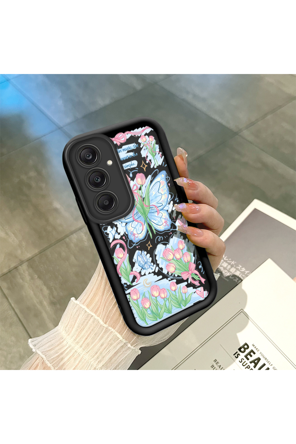 Samsung Galaxy A24 Compatible Black Silicone Zambaq and Butterfly Patterned Elegant Styles Phone Case