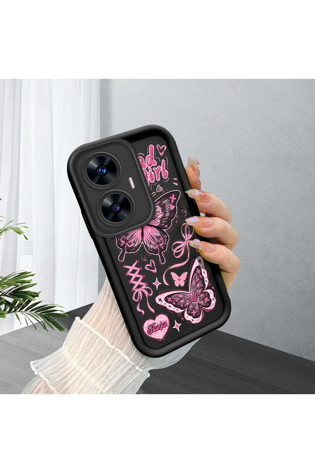 Realme C55 Compatible Black Silicone Cute Butterfly Pattern Lens Protection Phone Case