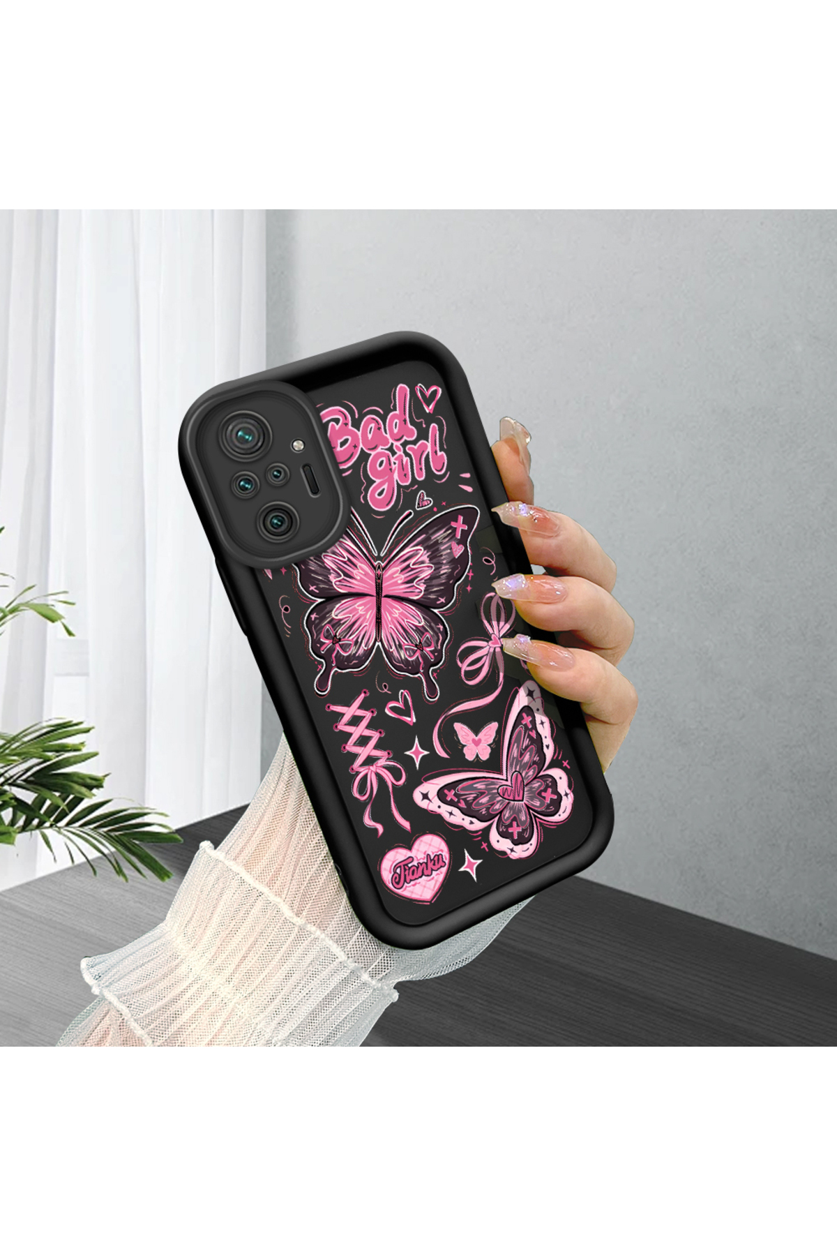 Xiaomi Redmi Note 10 Pro Compatible Black Silicone Cute Butterfly Pattern Lens Protection Phone Case