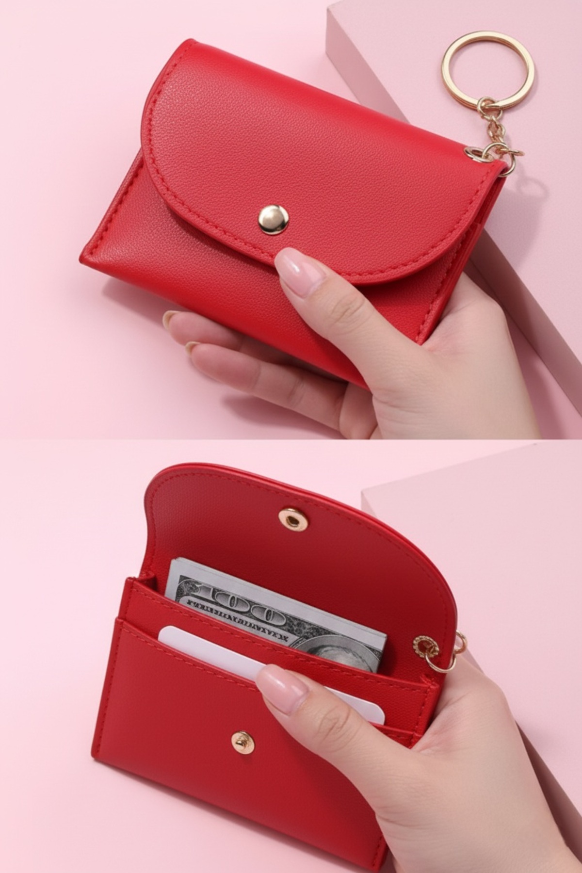 Defnella Kırmızı Çift Bölmeli Anahtarlıklı Mini Kredi Kartlık Cüzdan 10x7 Cm