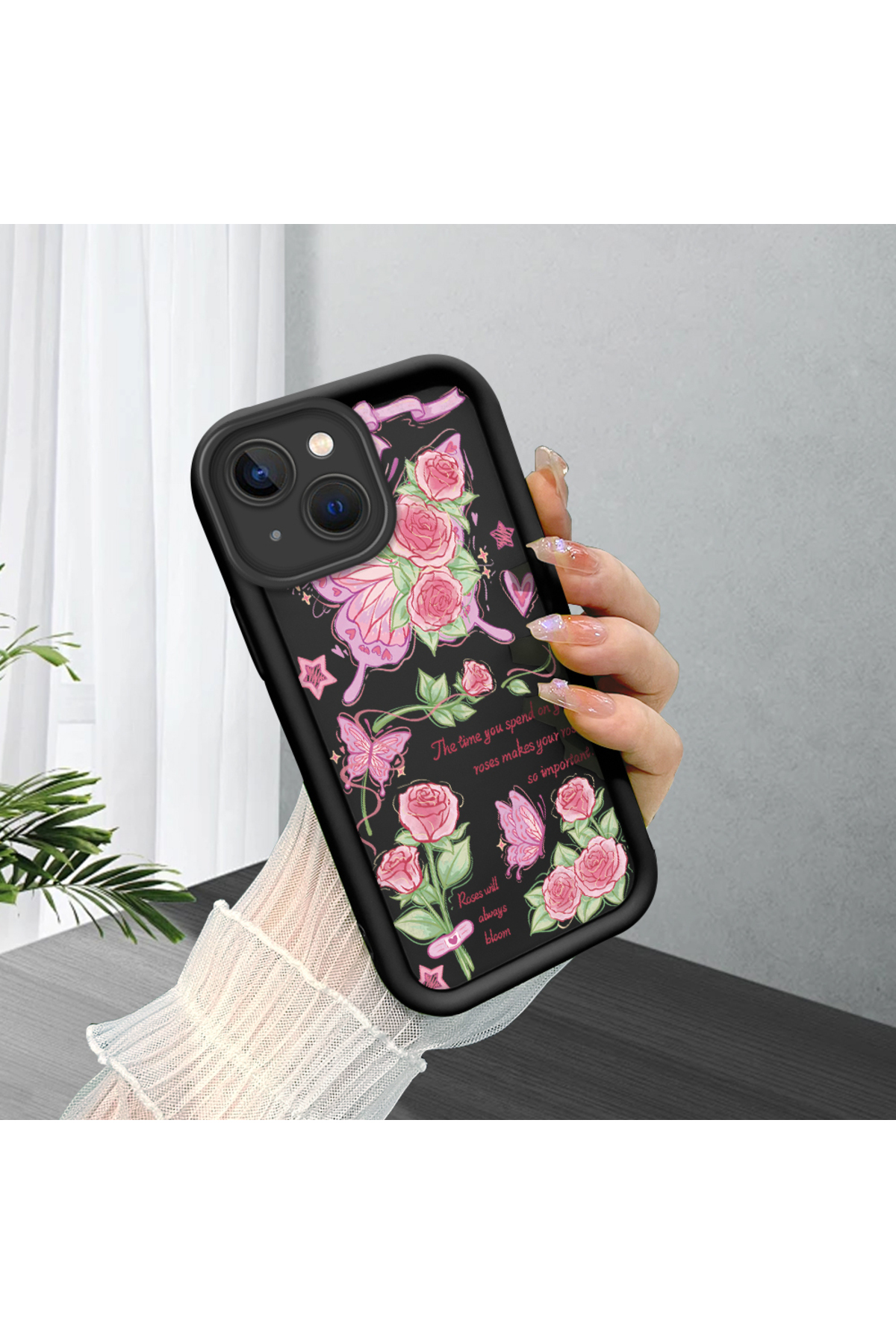 iPhone 15 Compatible Black Silicone Rose and Butterfly Patterned Elegant Phone Case