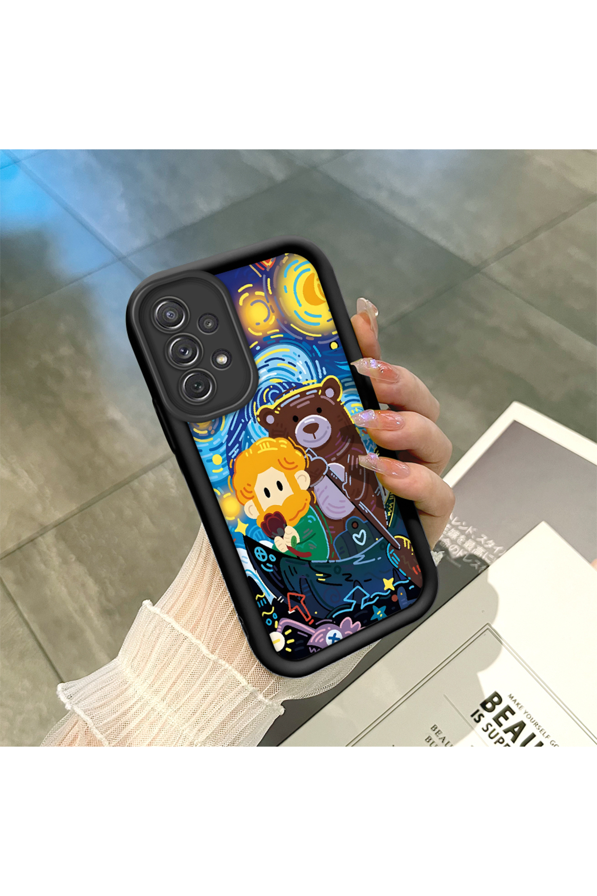 Samsung Galaxy A72 Compatible Black Silicone Van Gogh Starry Night Pattern Non-Slip Phone Case