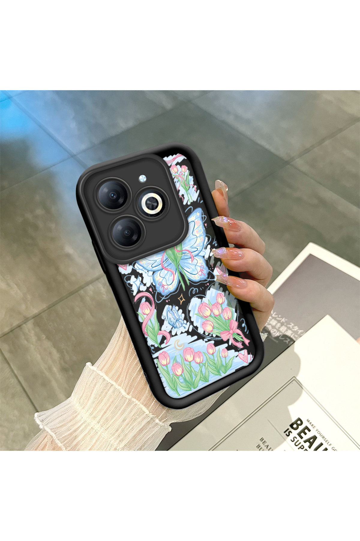 Tecno Spark 20/20C Compatible Black Silicone Zambaq and Butterfly Patterned Elegant Styles Phone Case