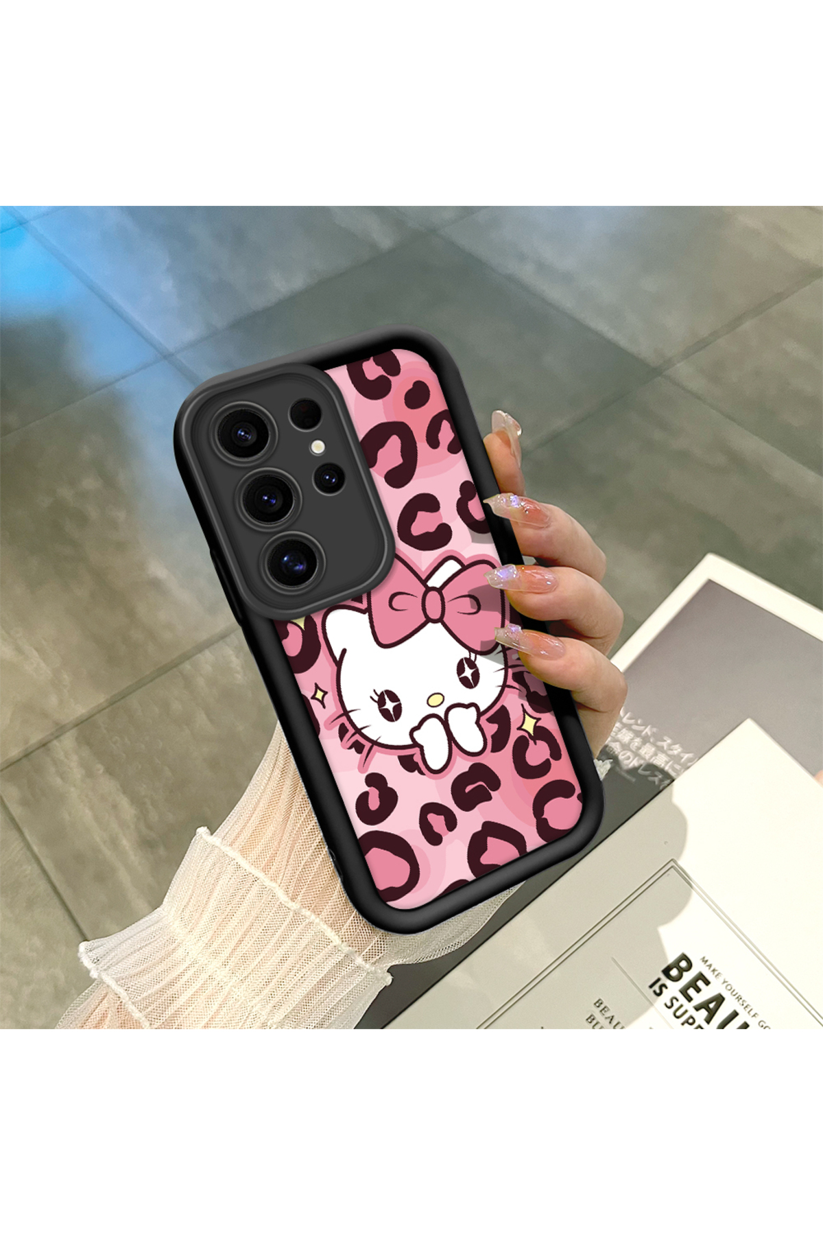 Samsung Galaxy S25 Ultra Compatible Black High Quality Silicone Leopard Pattern Kitty Pouch