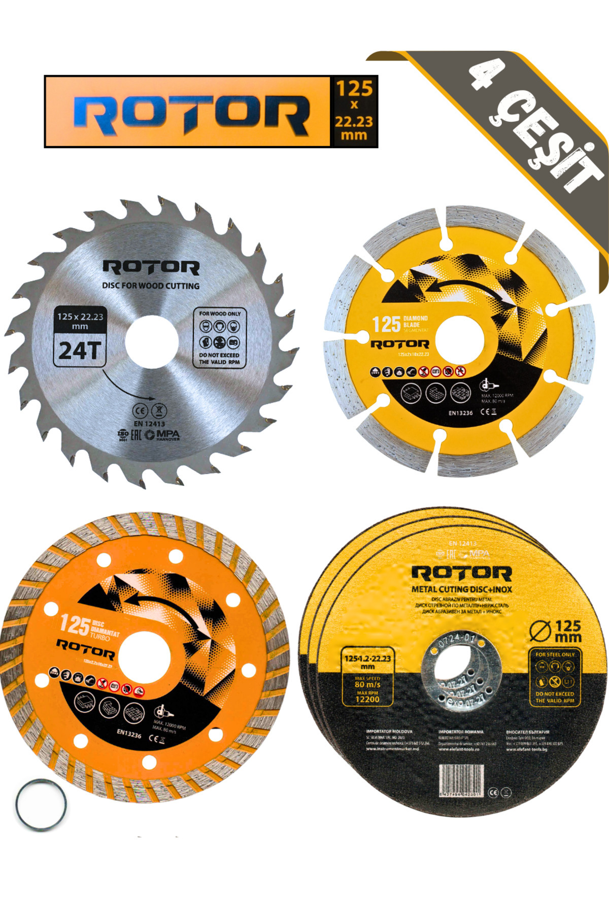 Rotor 6'lı Disk seti 125x22,23 Metal+Seramik+Ahşap 6 parça